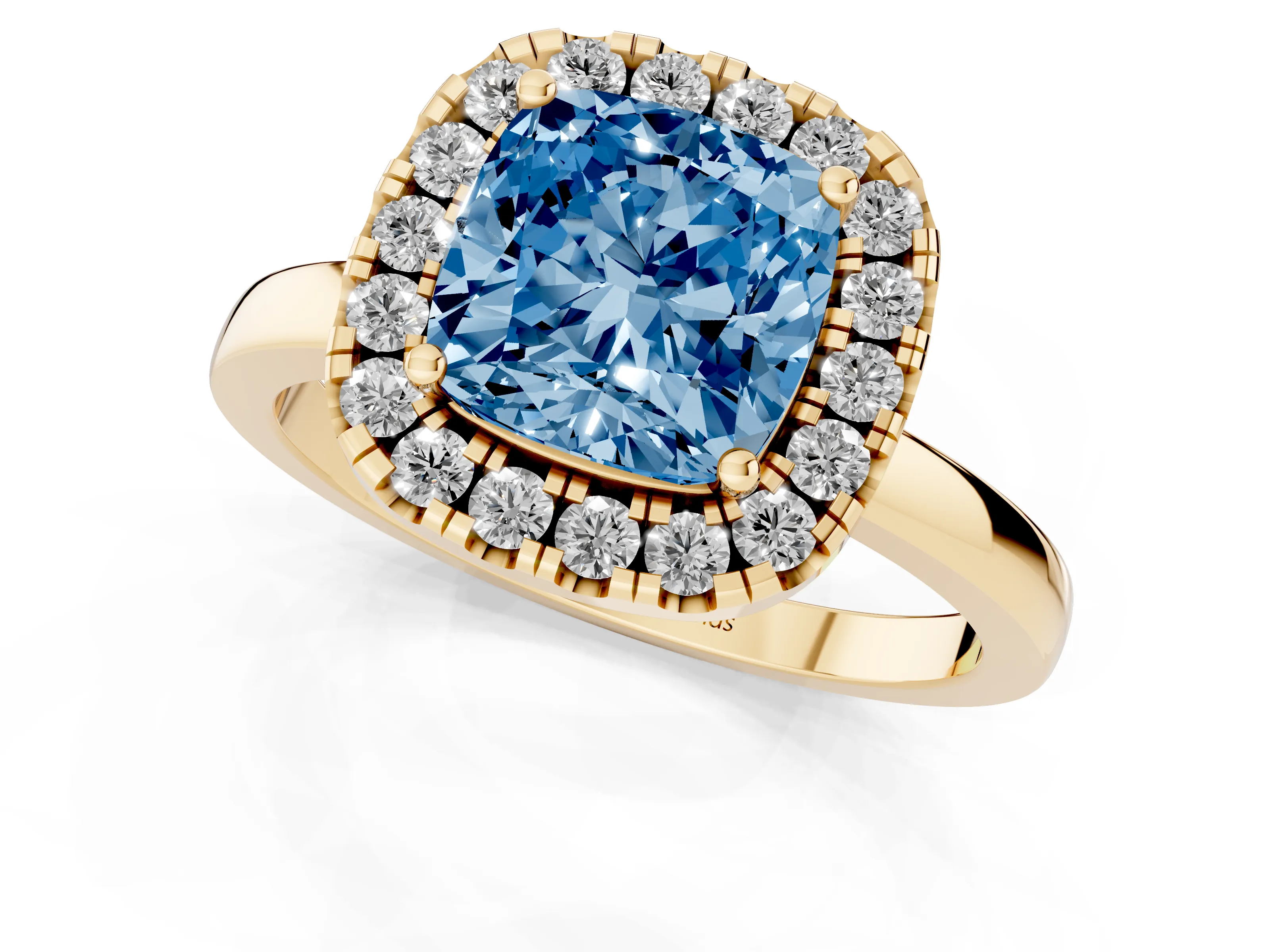 Fancy Blue Cushion Cut Diamond Halo Solitaire Ring Set in Yellow gold with Pavé Band and Prong Setting