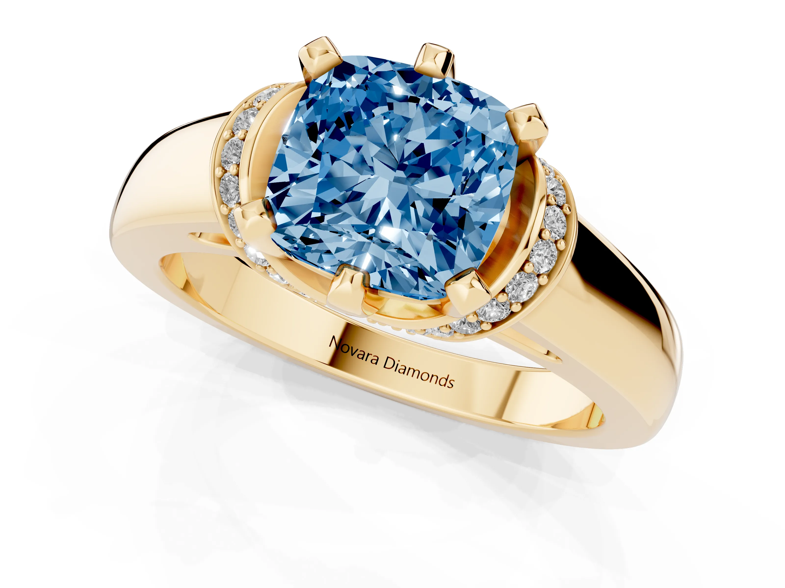 Fancy Blue Cushion Cut Diamond Pavé Band Solitaire Ring Set in Yellow gold with Prong Setting