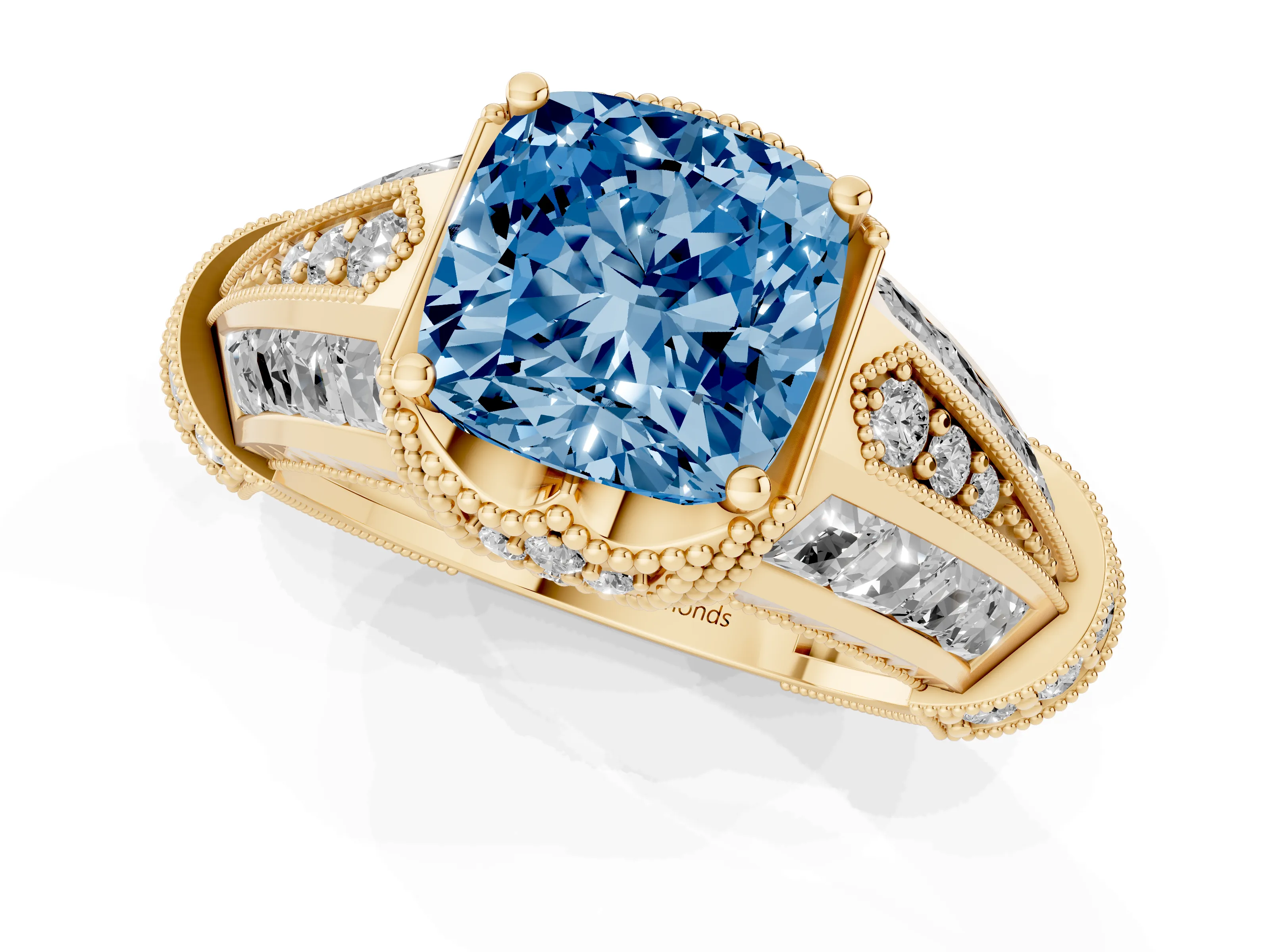 Fancy Blue Cushion Cut Diamond Vintage-Inspired Milgrain Ring Set in Yellow gold with Accent Split Shank
