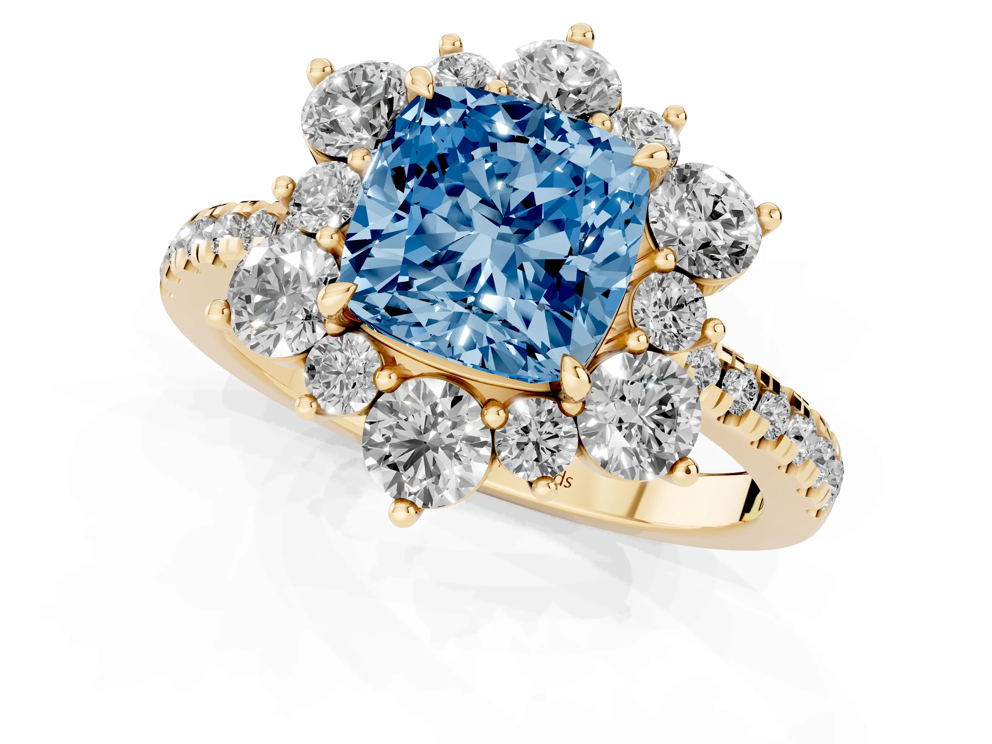 Fancy Blue Cushion Cut Diamond Floral Halo Ring Set in Yellow gold with Round Pavé Band and Prong Setting