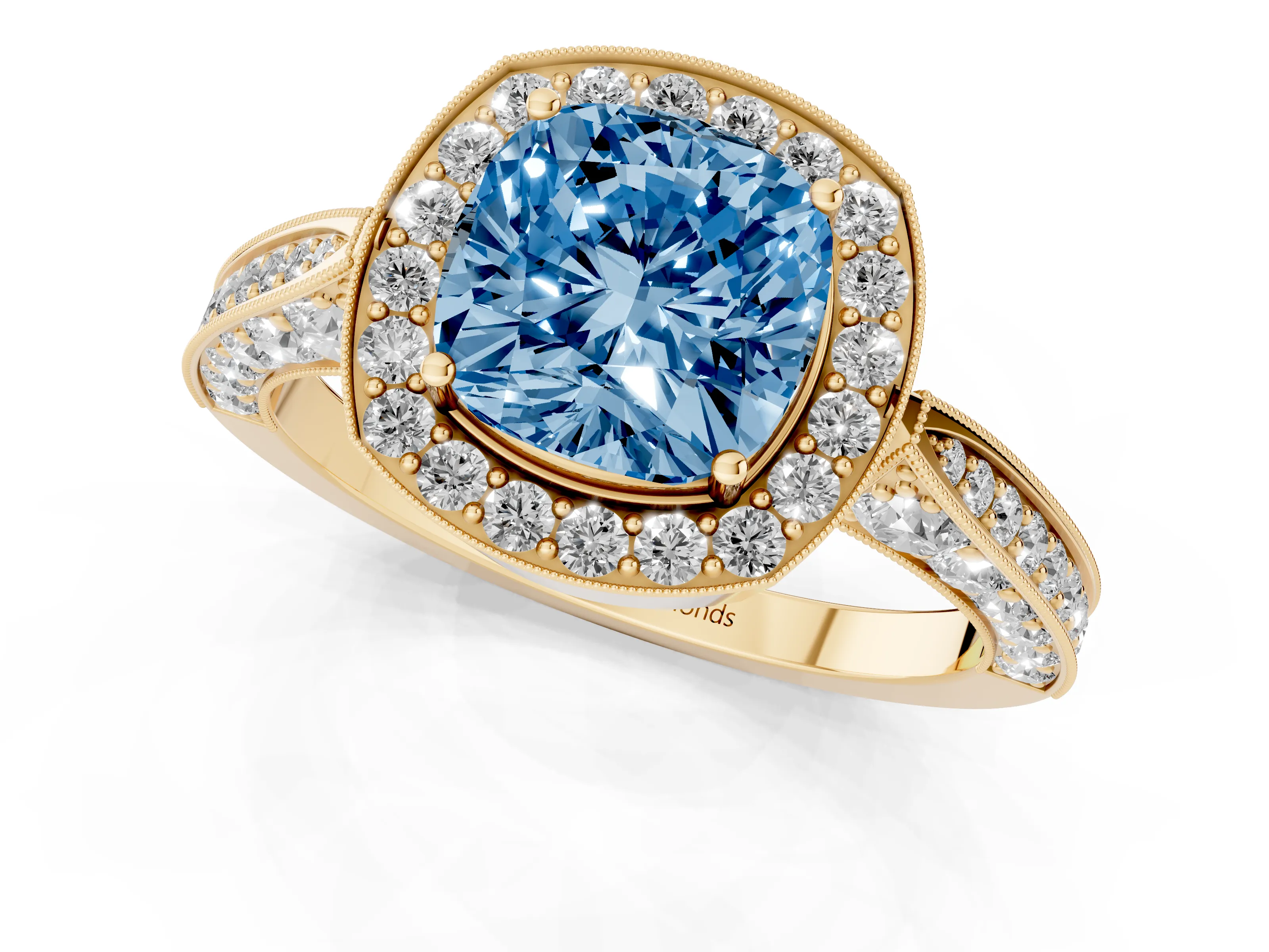 Fancy Blue Cushion Cut Diamond Halo Engagement Ring Set in Yellow gold with Accent Split Shank Band