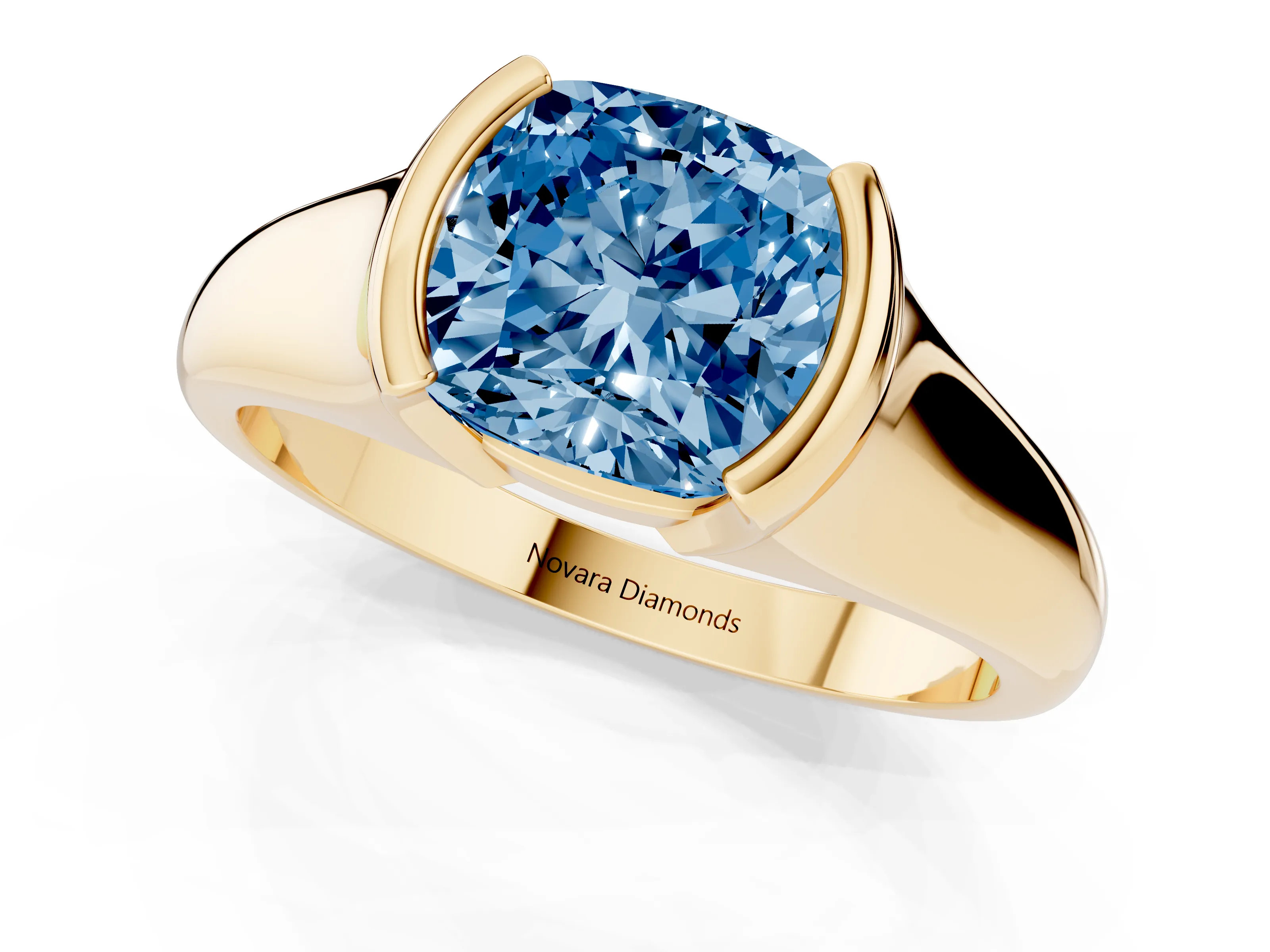 Fancy Blue Cushion Cut Diamond Solitaire Tension Set Ring Set in Yellow gold with Split Shank Band
