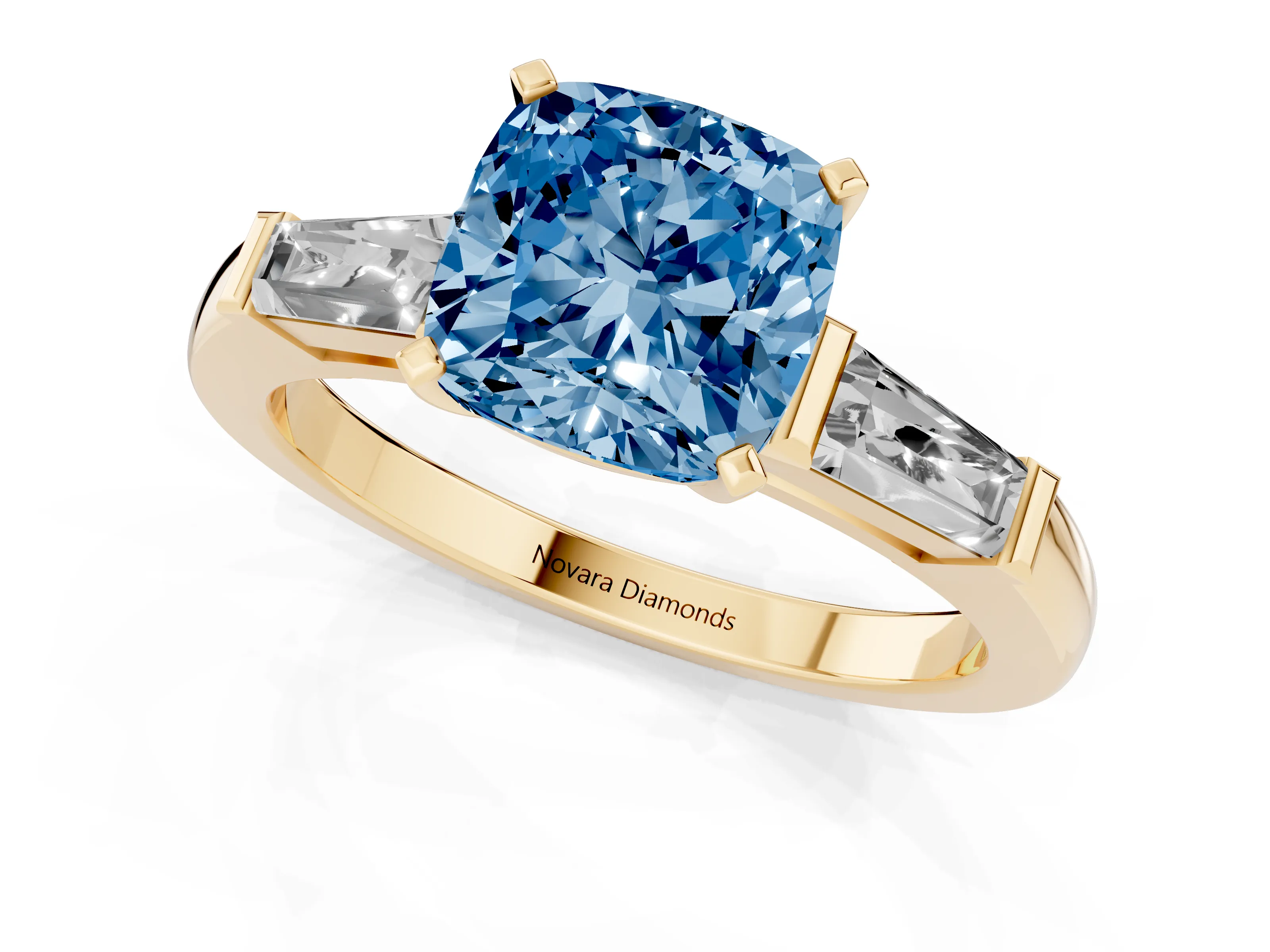 Fancy Blue Cushion Cut Diamond Solitaire Ring Set in Yellow gold with Tapered Baguette Side Stones and Prong Setting