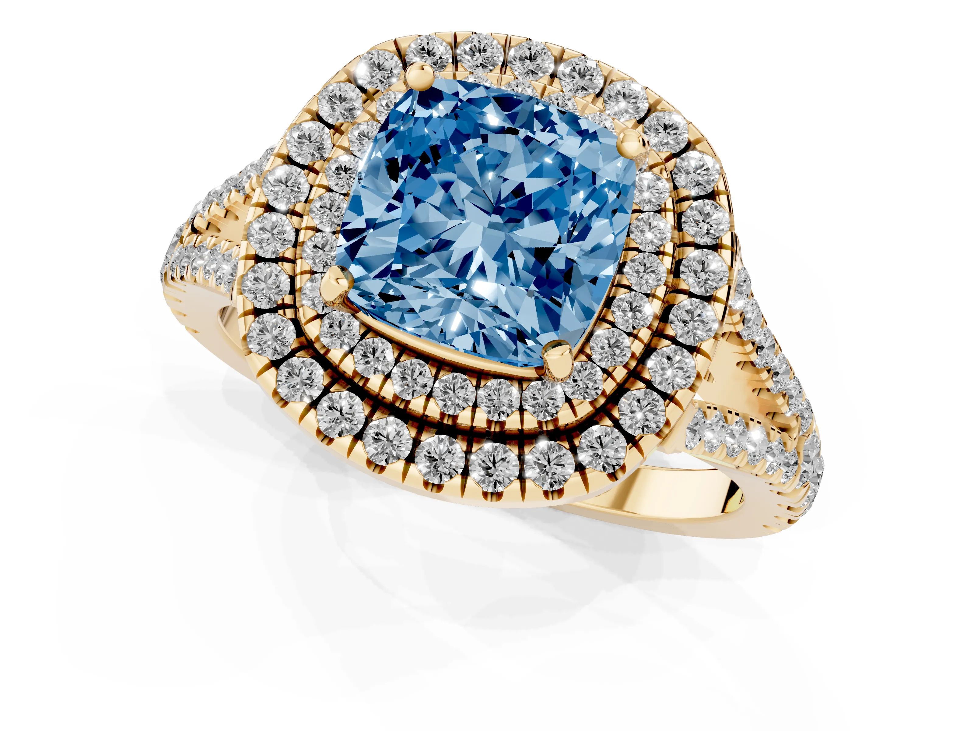 Fancy Blue Cushion Cut Diamond Double Halo Ring Set in Yellow gold with Pavé Band