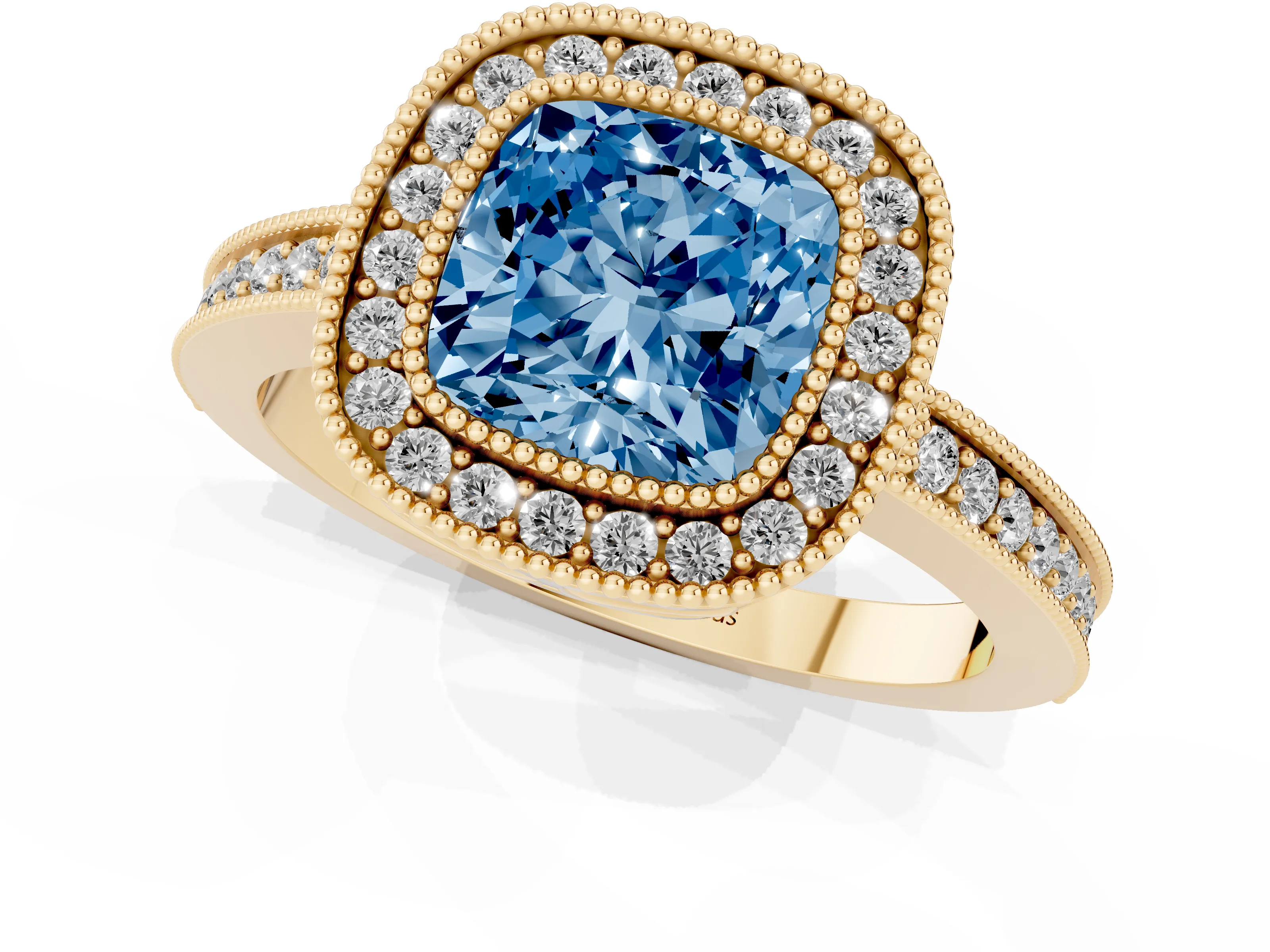 Fancy Blue Cushion Cut Diamond Round Halo Ring Set in Yellow gold with Pavé Band