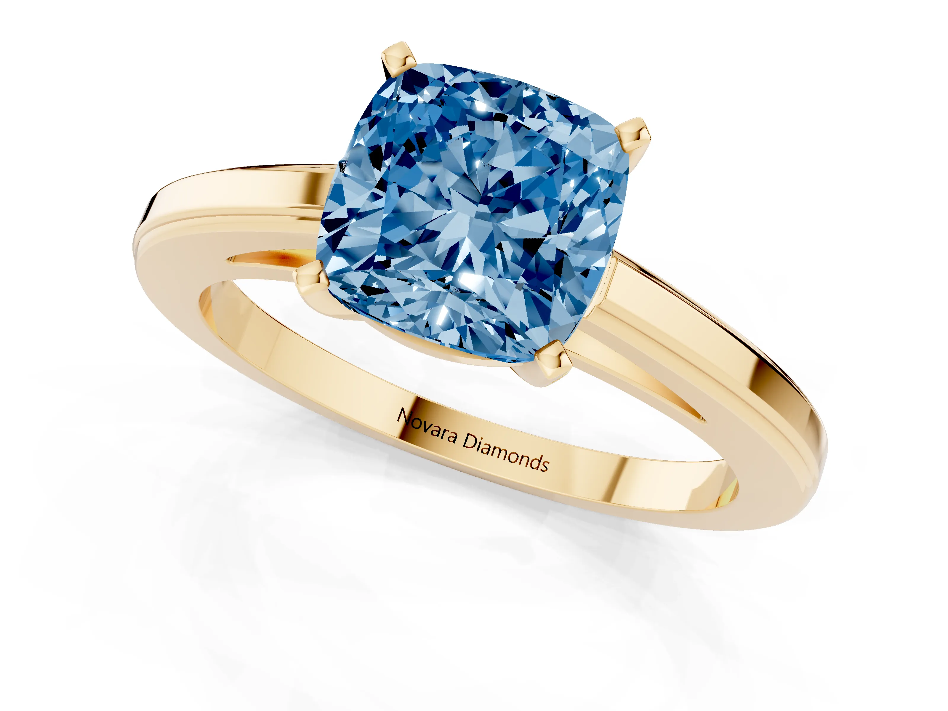 Fancy Blue Cushion Cut Diamond Solitaire Ring Set in Yellow gold with Prong Setting and Classic Band