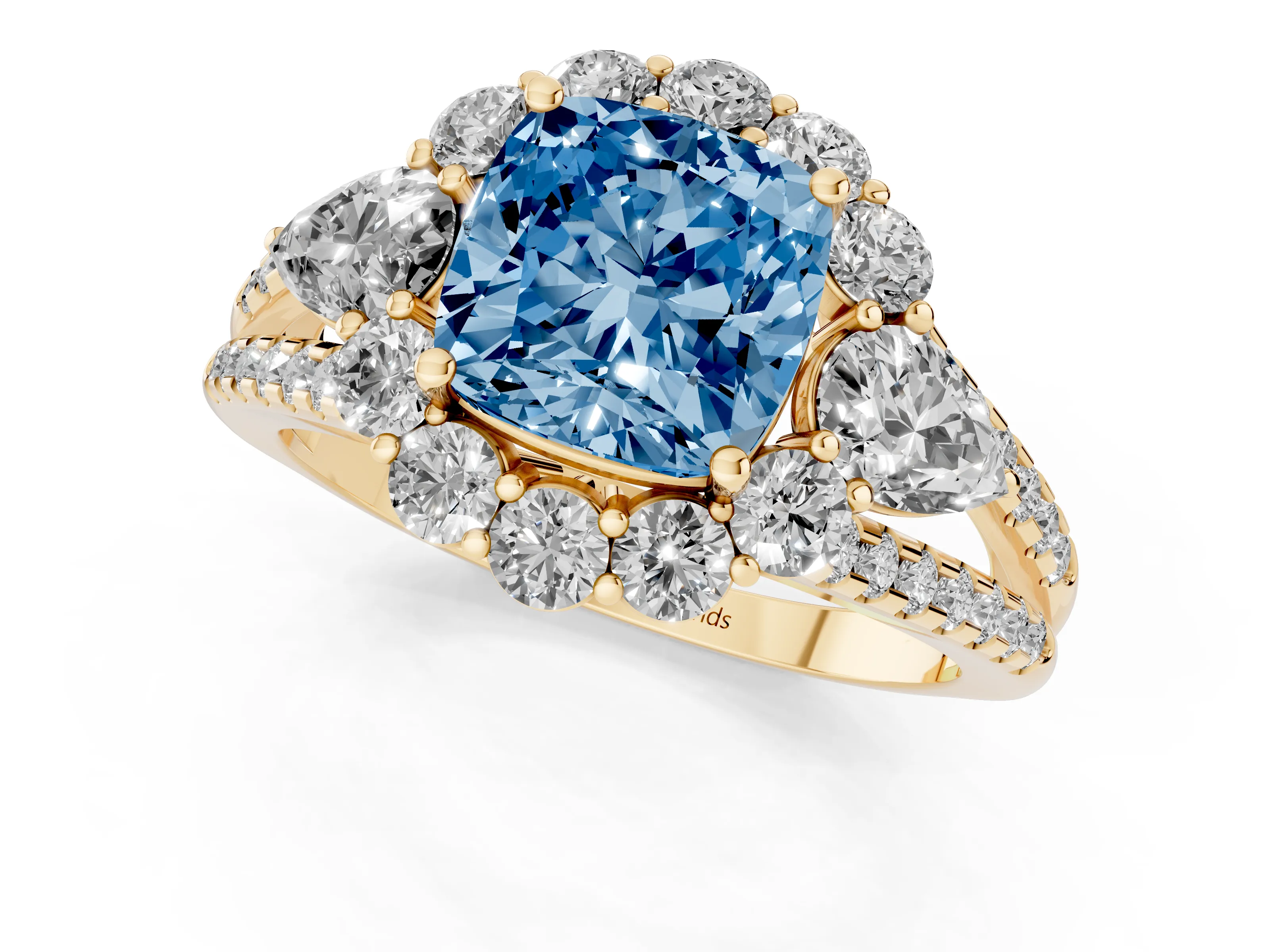 Cushion Cut Scalloped Halo Engagement Ring Setting for a Fancy Blue Lab-Grown Diamond | Pear Side Stones | Yellow Gold
