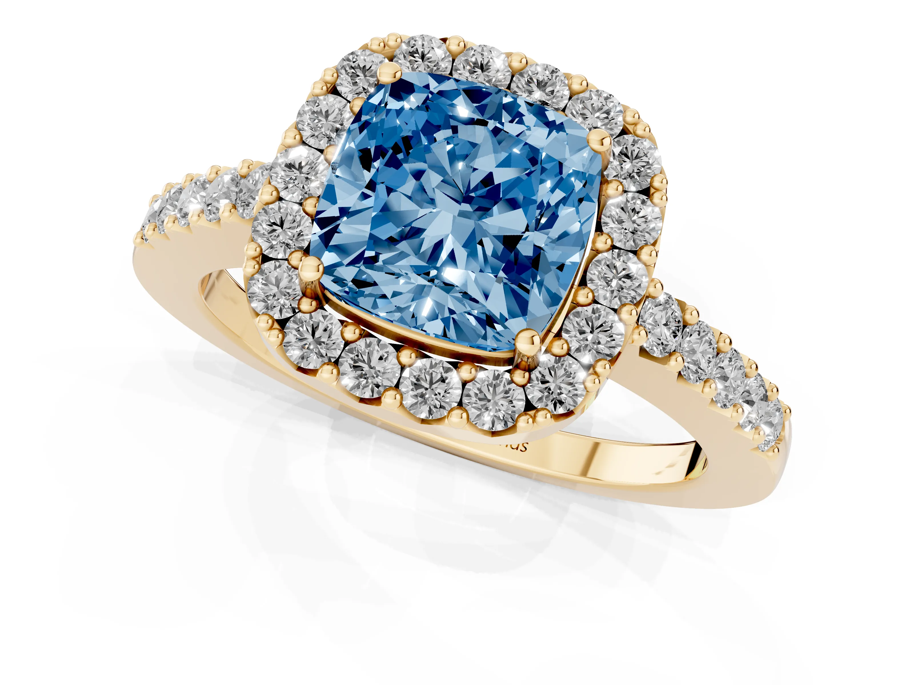 Fancy Blue Cushion Cut Diamond Halo Pavé Solitaire Ring Set in Yellow gold with Prong-Set Center Stone
