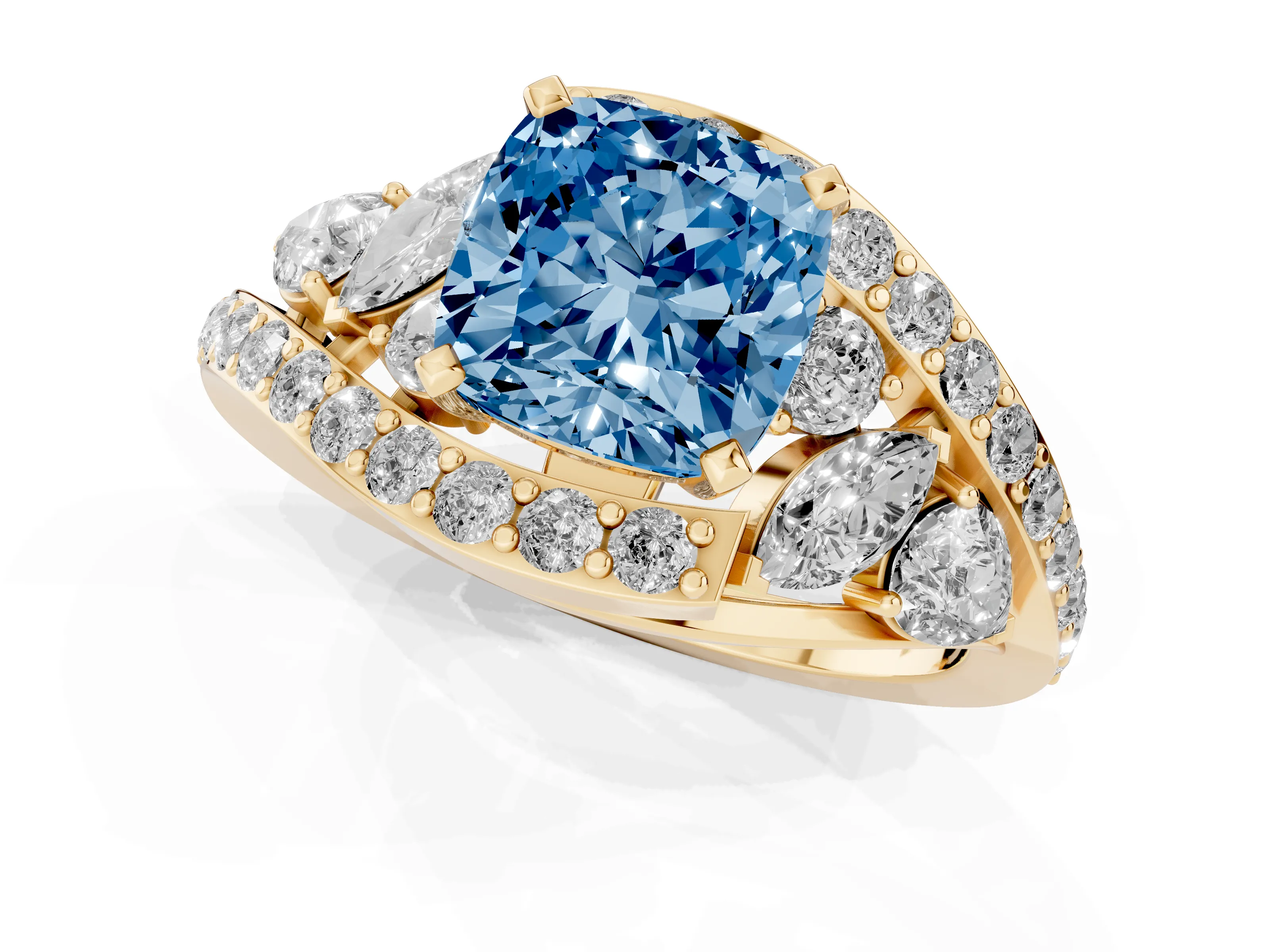 Fancy Blue Cushion Cut Diamond Halo Ring Set in Yellow gold with Marquise and Pavé Band in Prong Setting