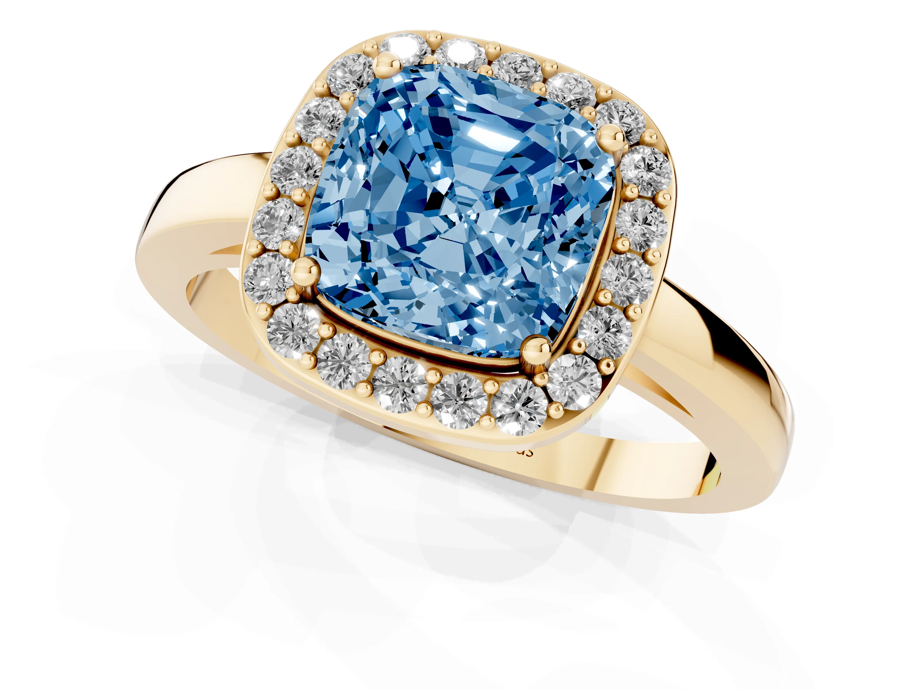 Fancy Blue Cushion Cut Diamond Halo Ring Set in Yellow gold with Solitaire Band and Prong Setting