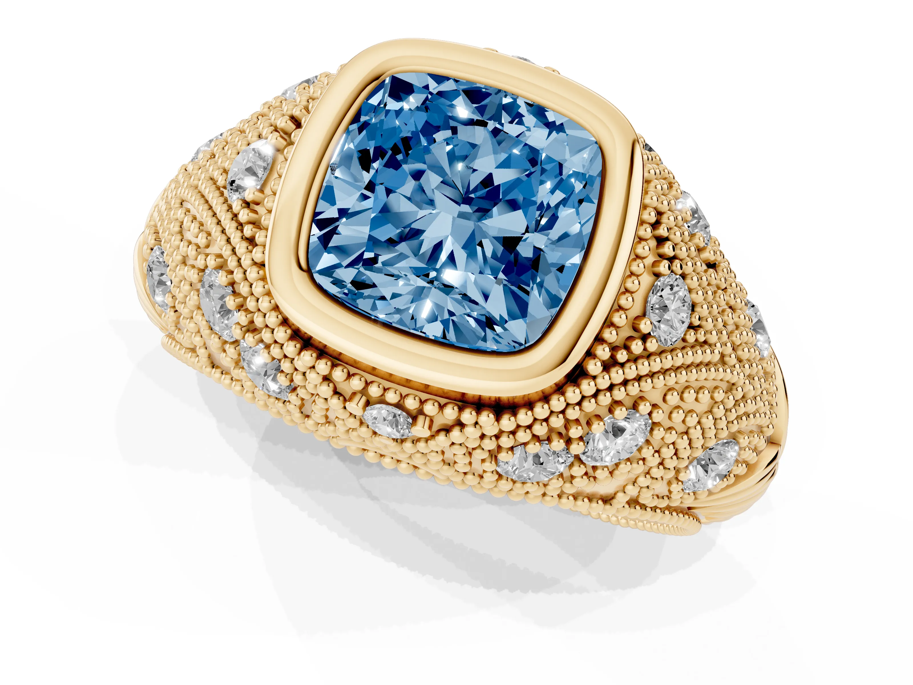 Fancy Blue Cushion Cut Diamond Bezel Ring Set in Yellow gold with Milgrain Accent Band