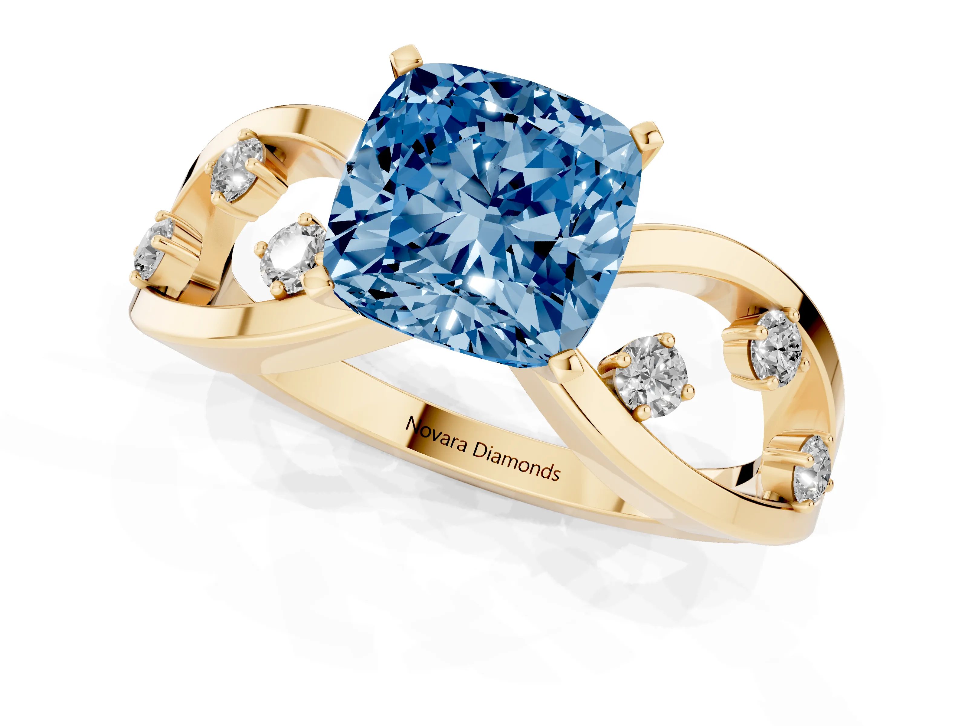 Fancy Blue Cushion Cut Diamond Solitaire Ring Set in Yellow gold with Side Stones on Criss-Cross Band and Prong Setting