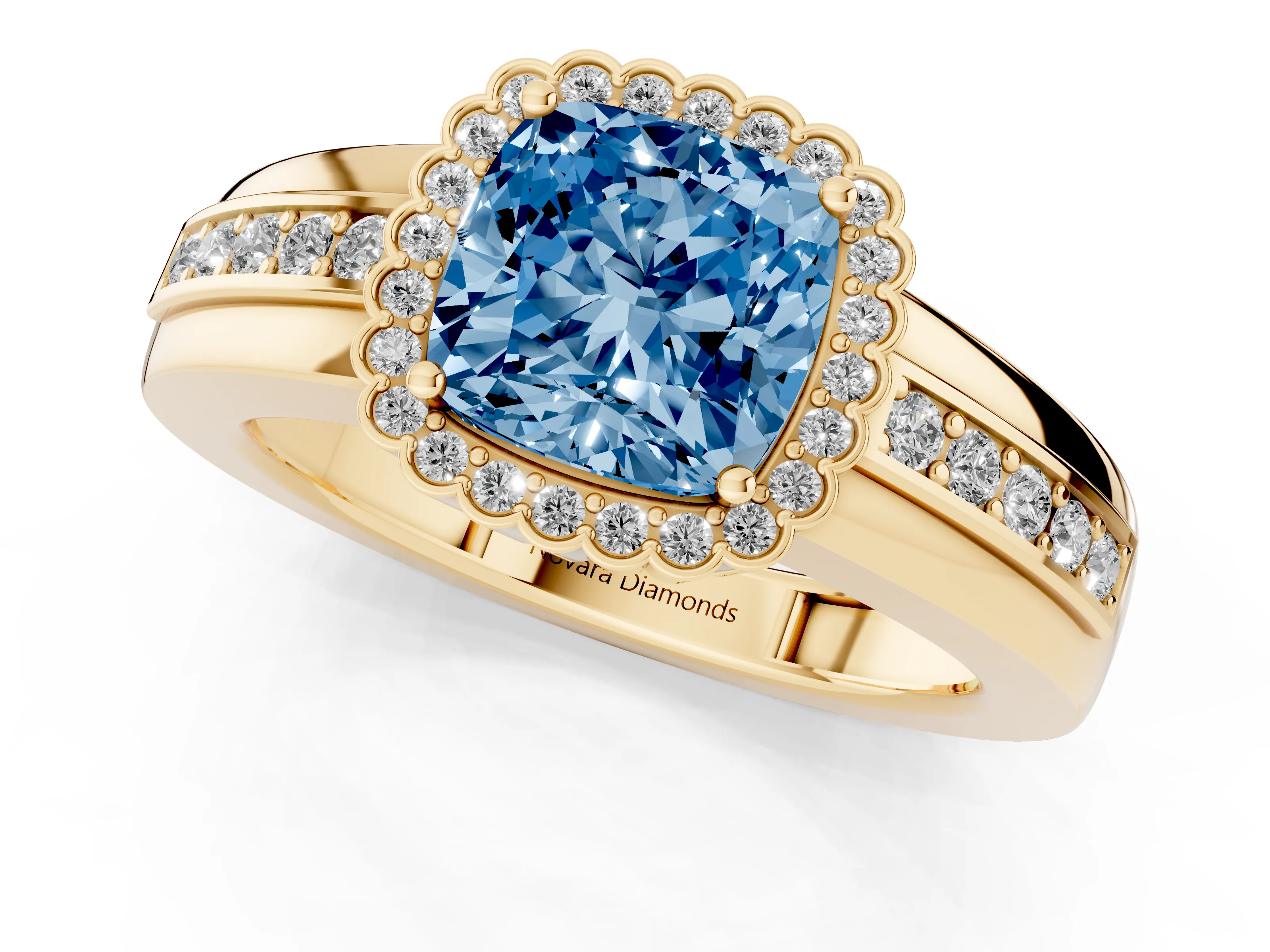 Fancy Blue Cushion Cut Diamond Halo Prong Ring Set in Yellow gold with Pavé Band