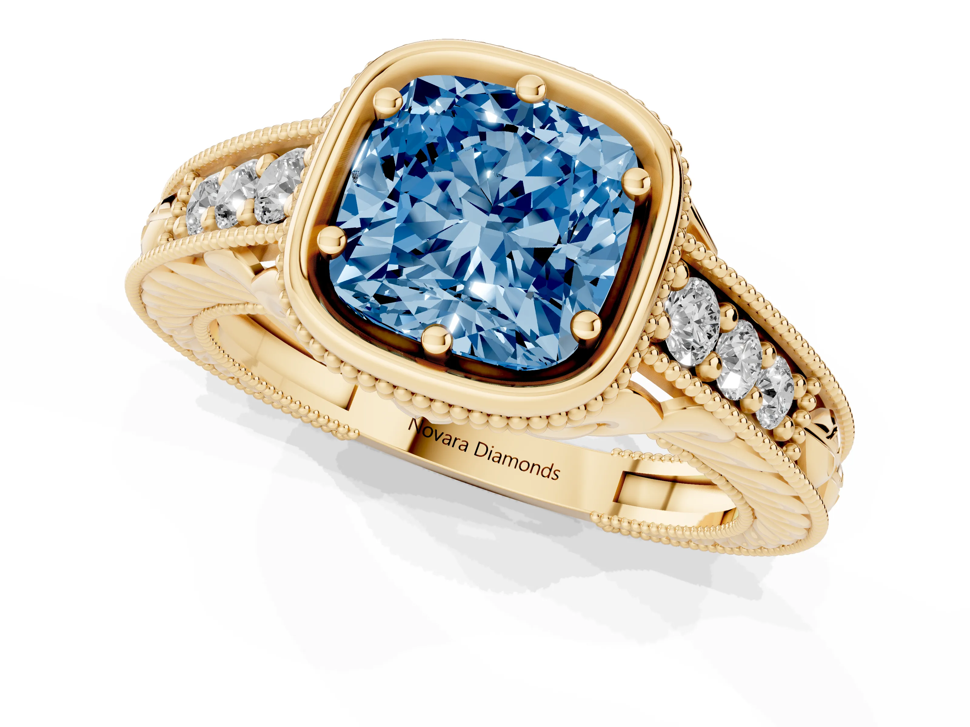 Fancy Blue Bezel Set Cushion Cut Diamond Milgrain Pavé Engagement Ring Set in Yellow gold