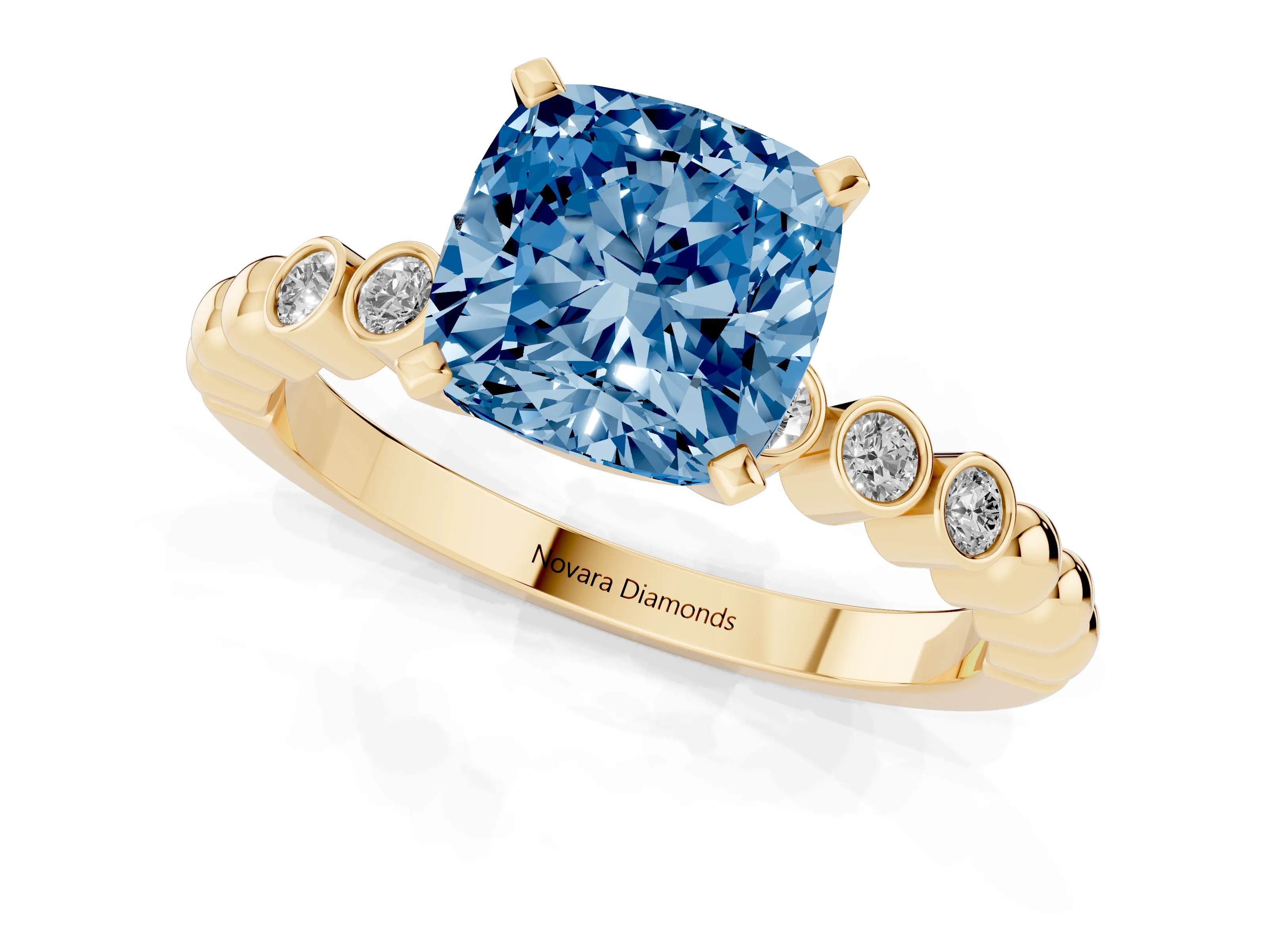 Fancy Blue Cushion Cut Diamond Solitaire Engagement Ring Set in Yellow gold with Bezel Accents on Beaded Band – second view