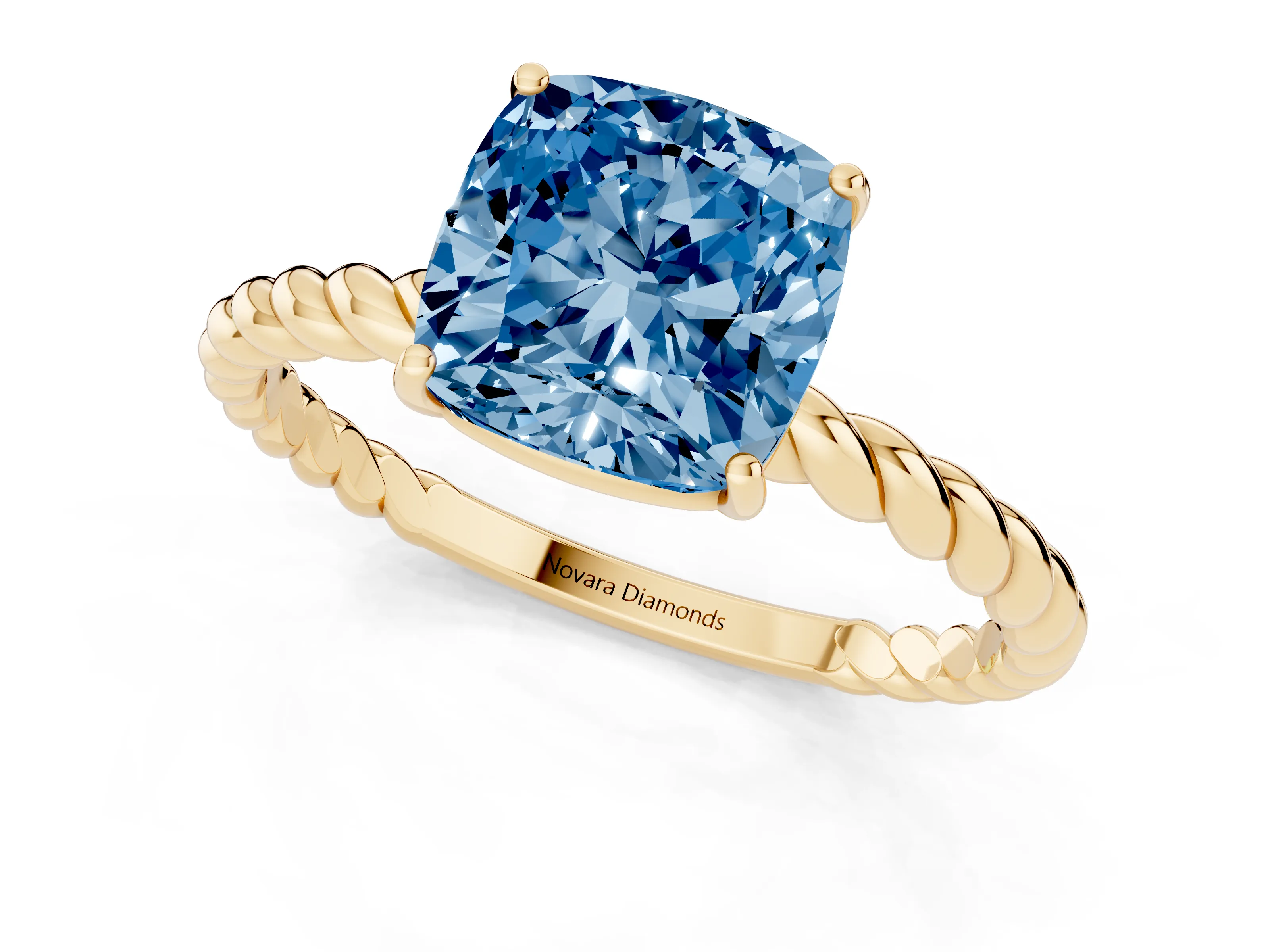 Fancy Blue Cushion Cut Diamond Solitaire Ring Set in Yellow gold with Twist Band and Prong Setting