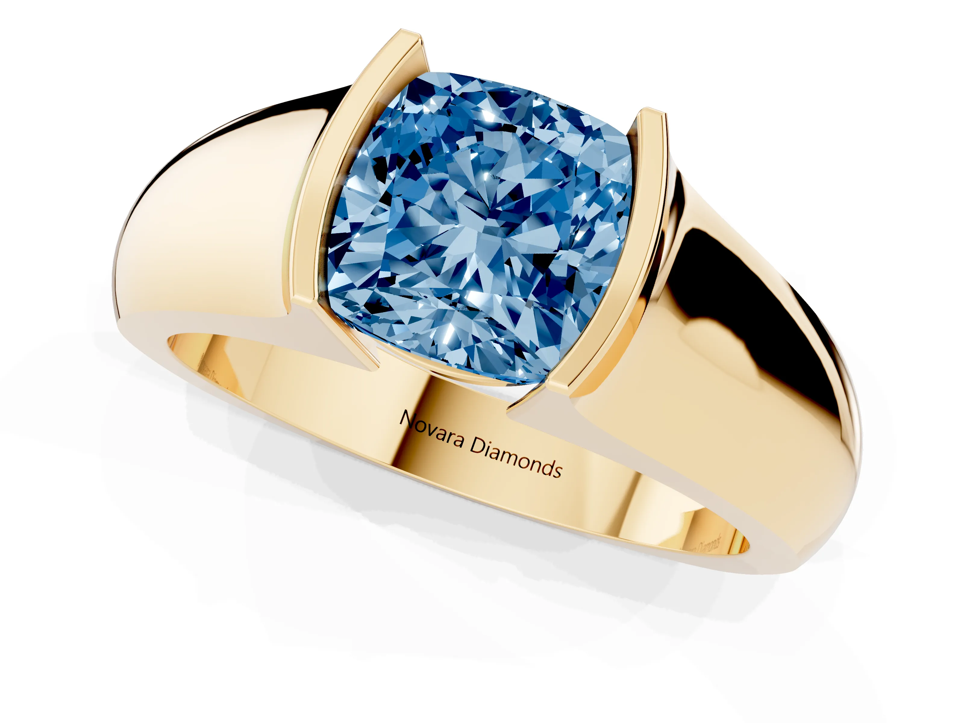 Fancy Blue Cushion Cut Diamond Bezel Solitaire Ring Set in Yellow gold with Wide Band