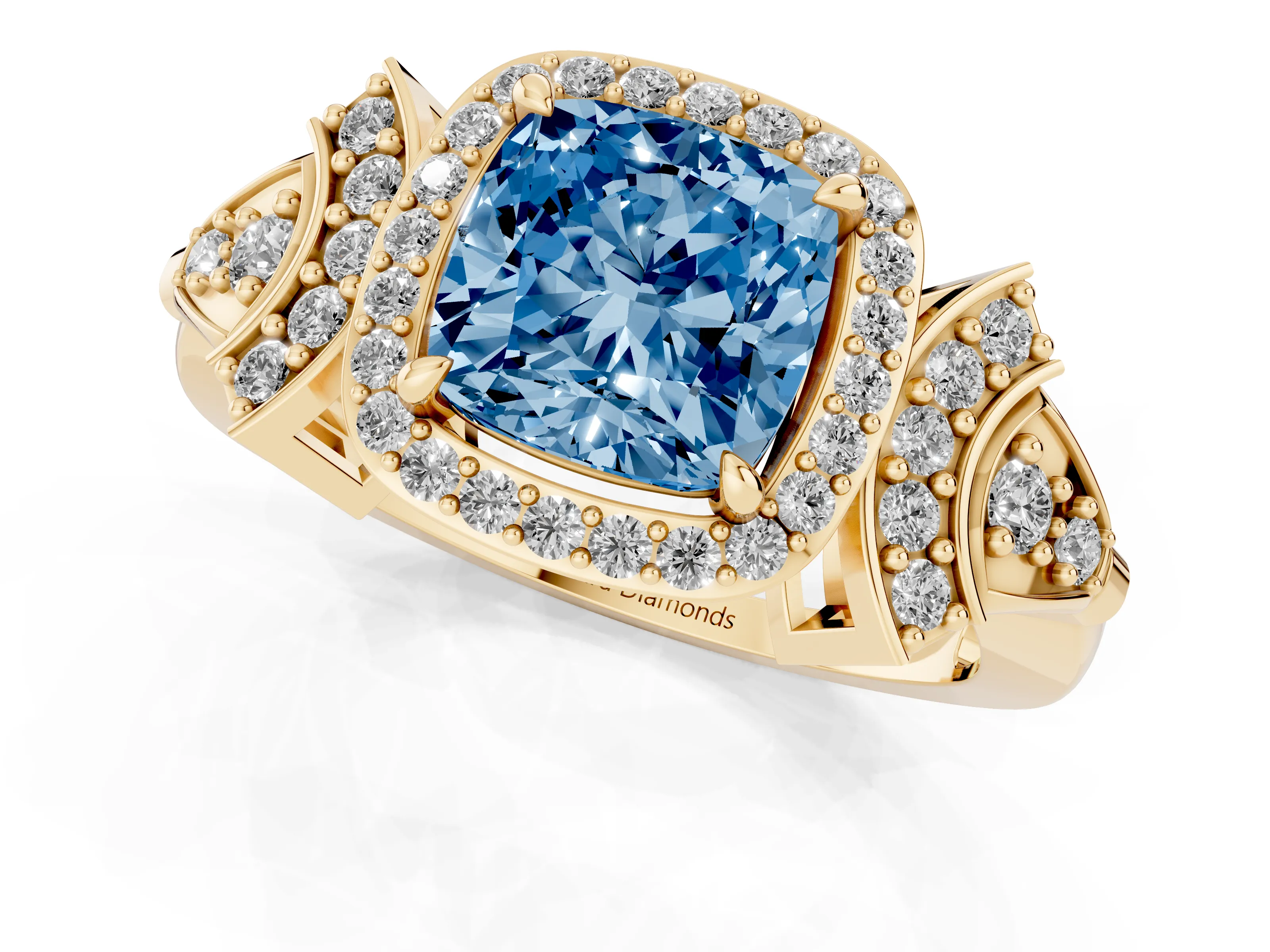 Fancy Blue Cushion Cut Diamond Halo Engagement Ring Set in Yellow gold with Accent Stone Split Shank
