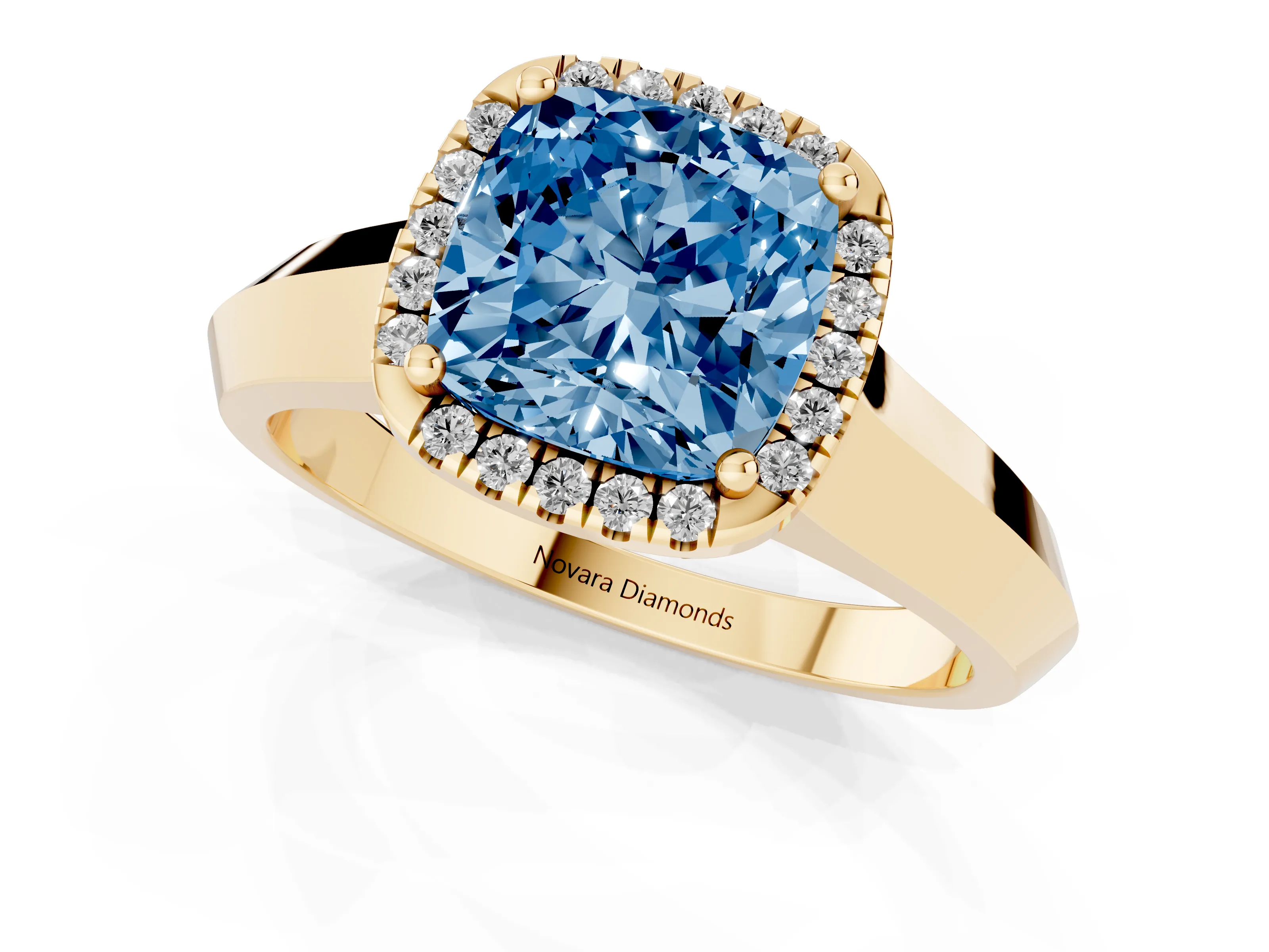 Fancy Blue Cushion Cut Diamond Halo Ring Set in Yellow gold with Cathedral Band and Prong Setting