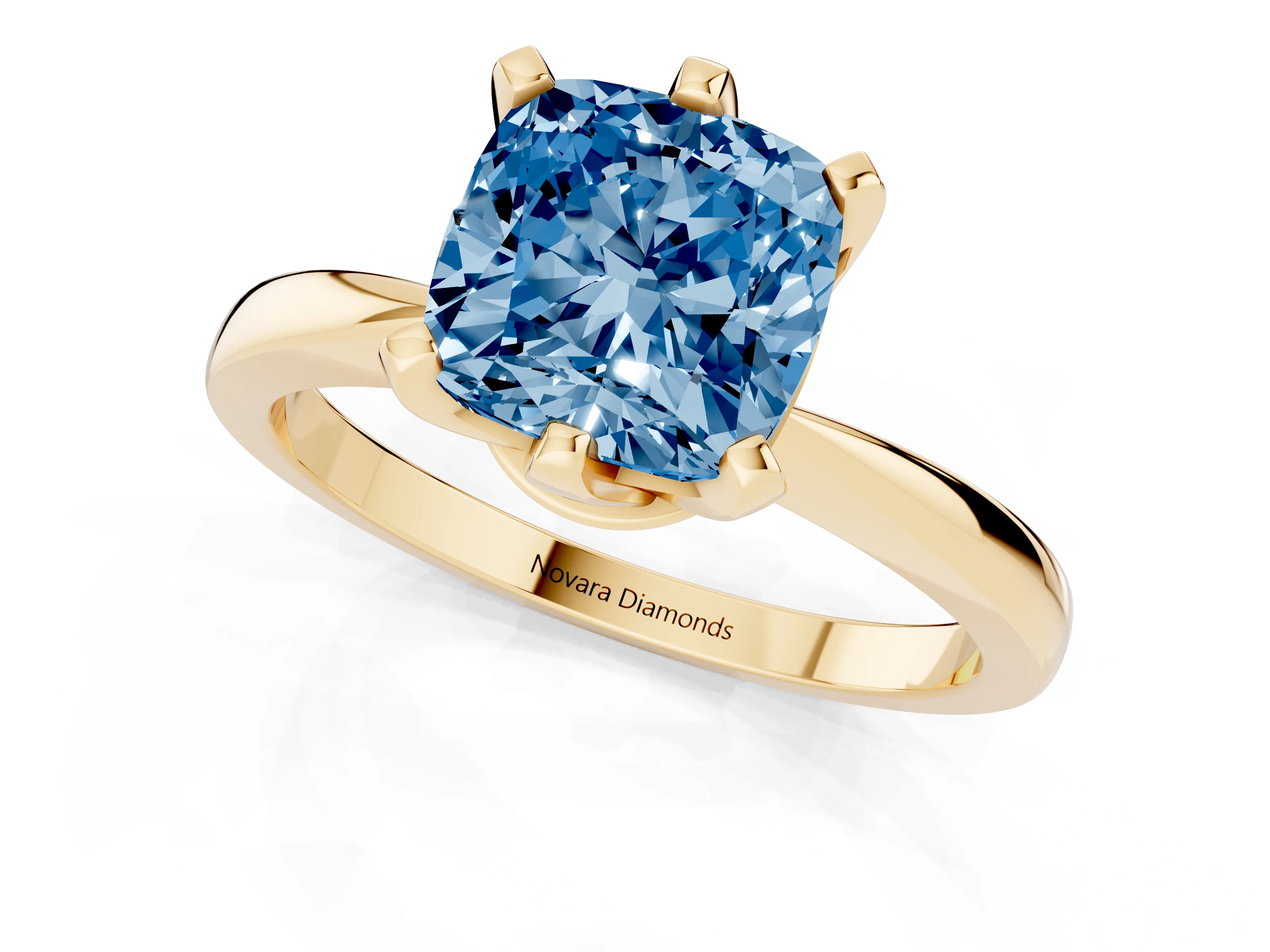Fancy Blue Cushion Cut Diamond Solitaire Engagement Ring Set in Yellow gold with Slim Tapered Solitaire Band