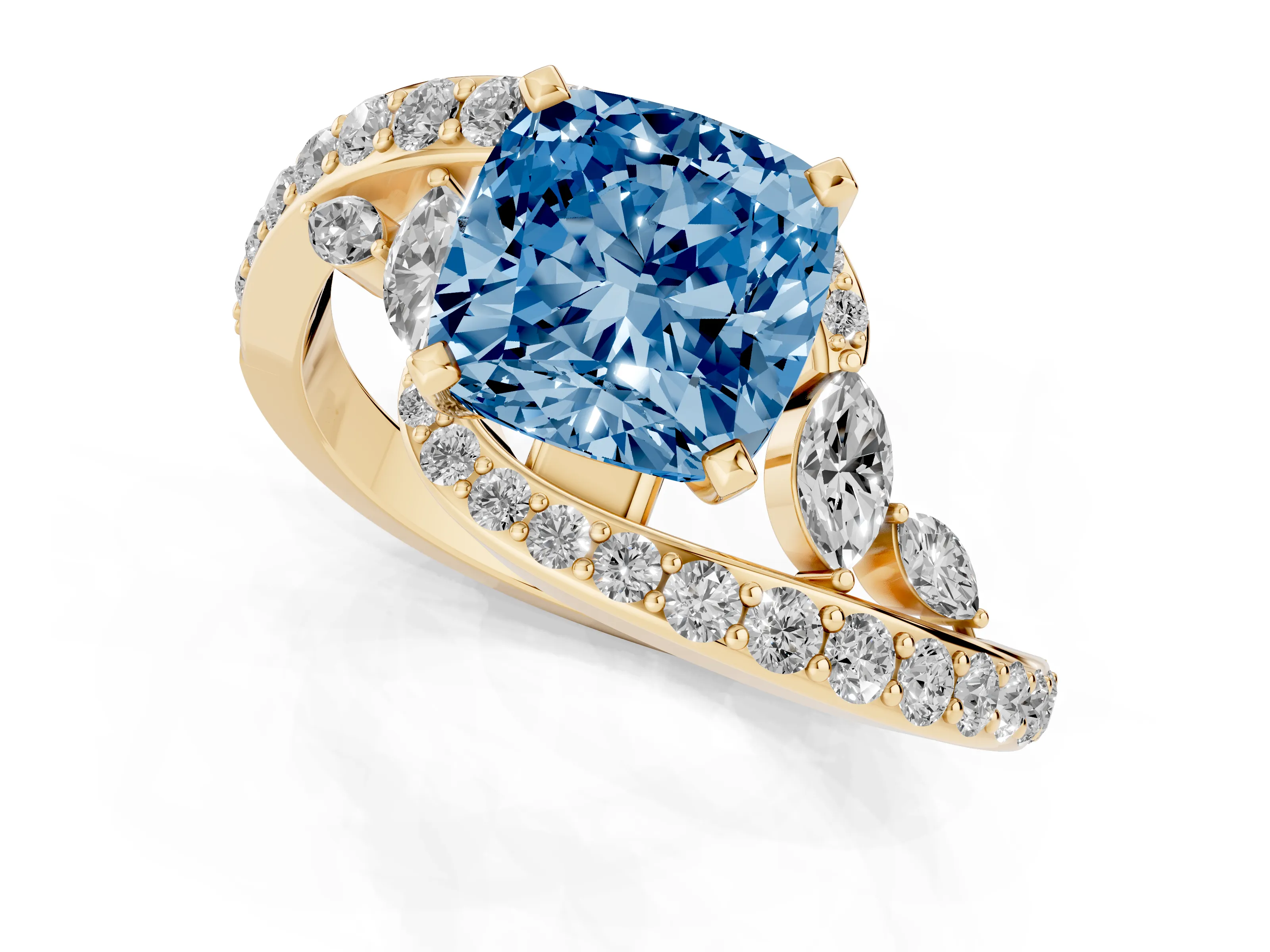 Fancy Blue Cushion Cut Diamond Solitaire Ring Set in Yellow gold with Pavé Twist Band and Secure Prong Setting