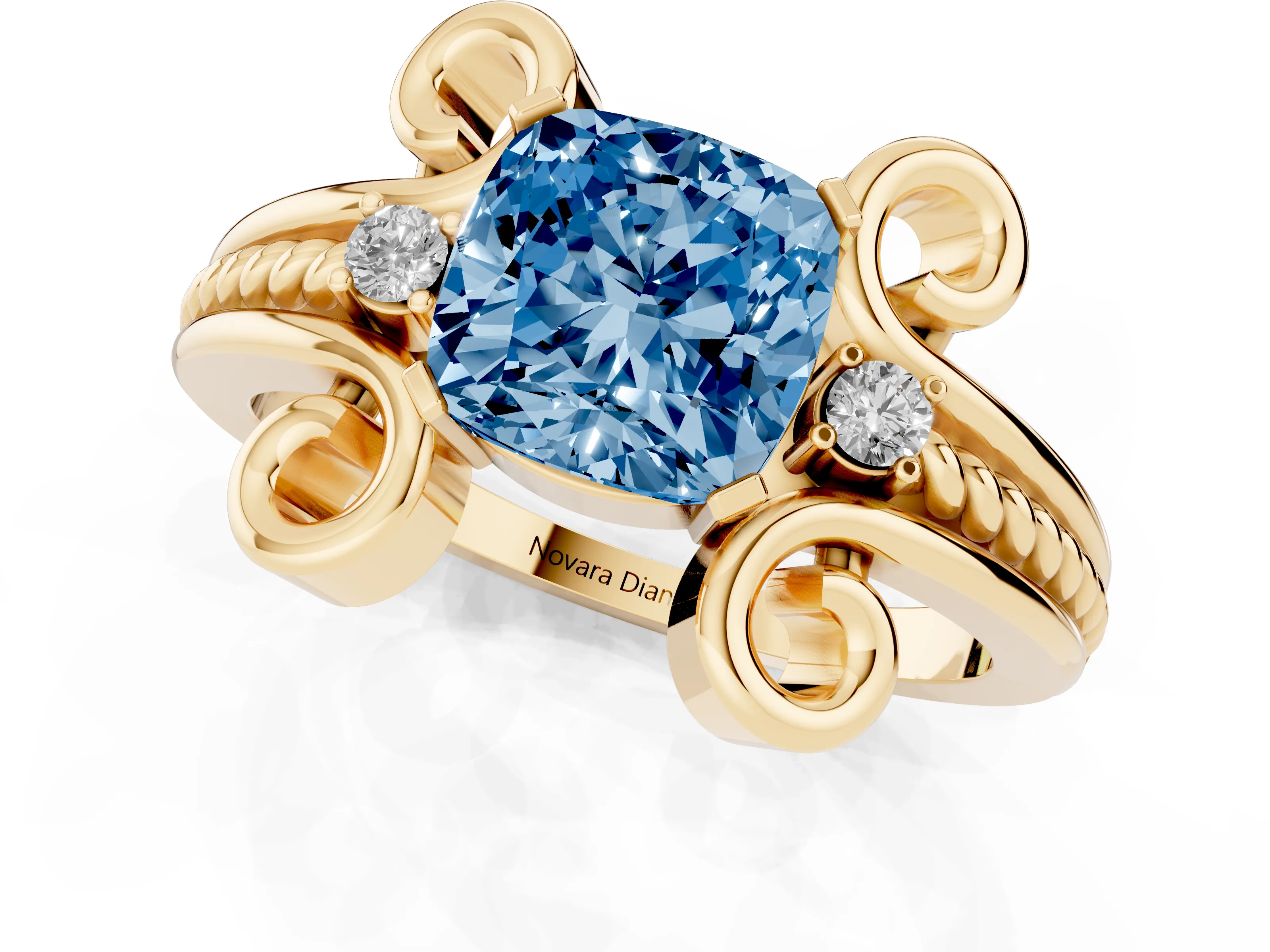 Fancy Blue Cushion Cut Diamond Twisted Band Solitaire Ring Set in Yellow gold with Scroll Prongs