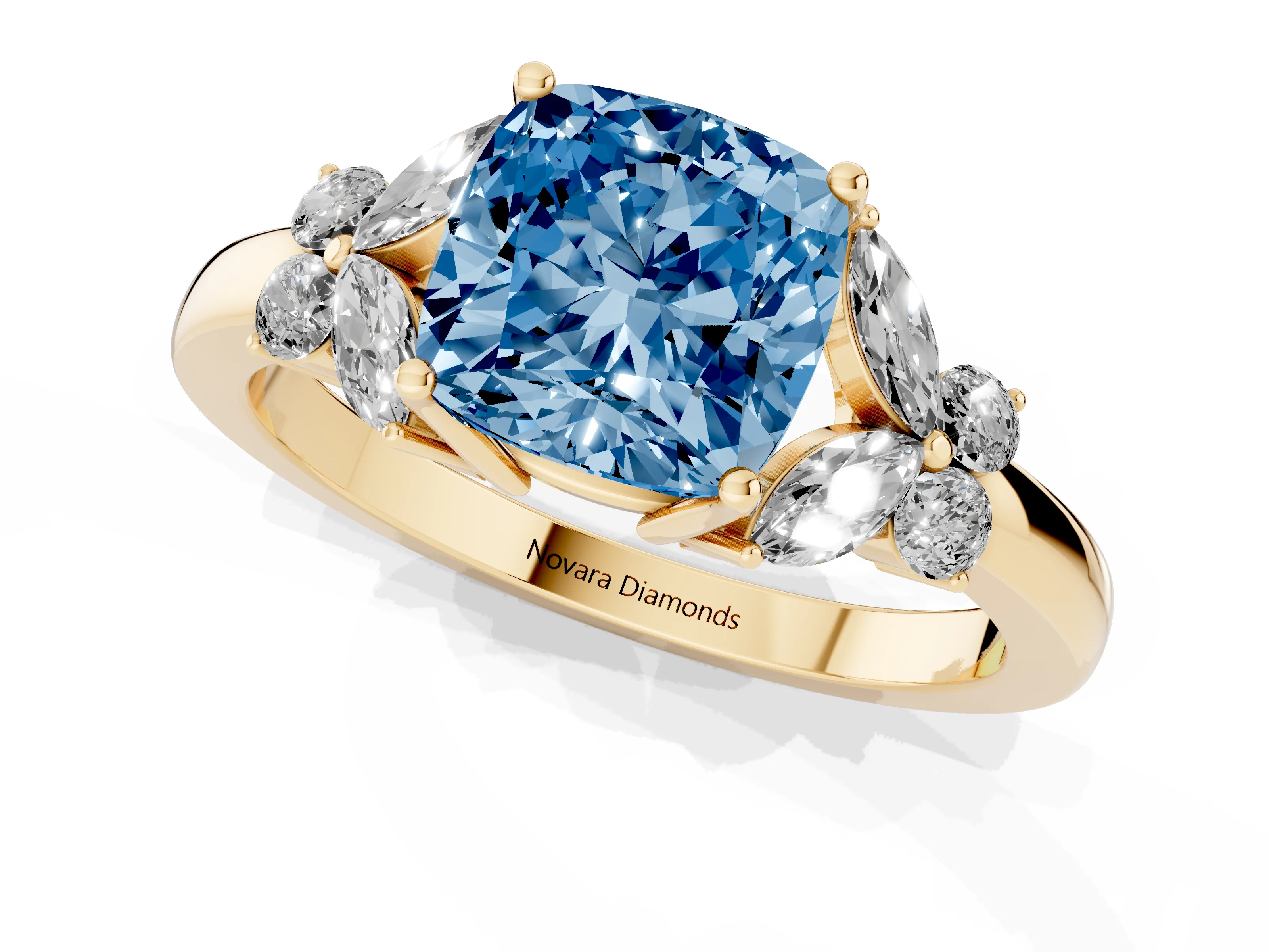 Fancy Blue Cushion Cut Diamond Solitaire Floral Ring Set in Yellow gold with Marquise Petals and Prong Setting