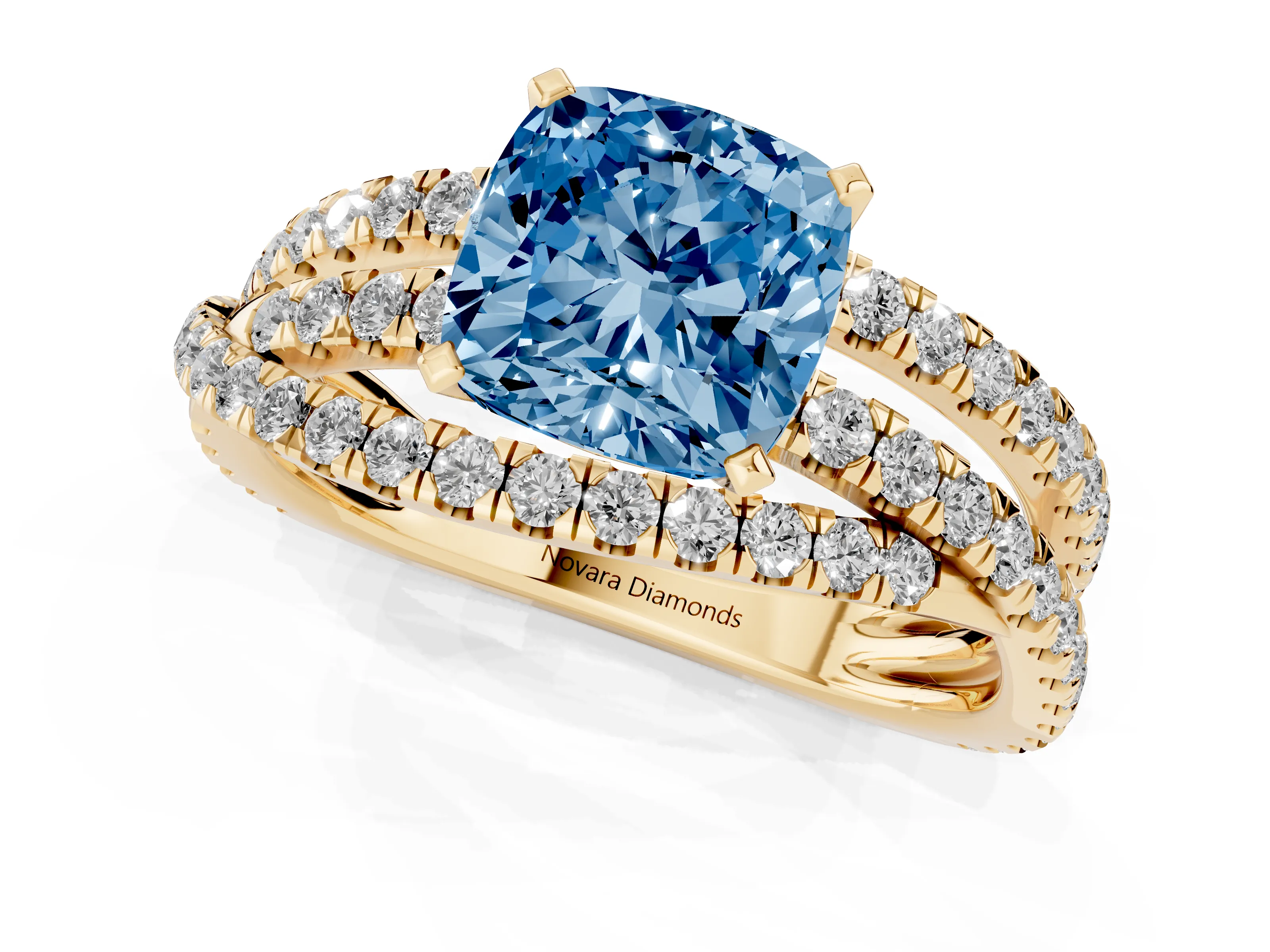 Fancy Blue Cushion Cut Diamond Solitaire Twist Band Ring Set in Yellow gold with Pavé Setting and Prong Head