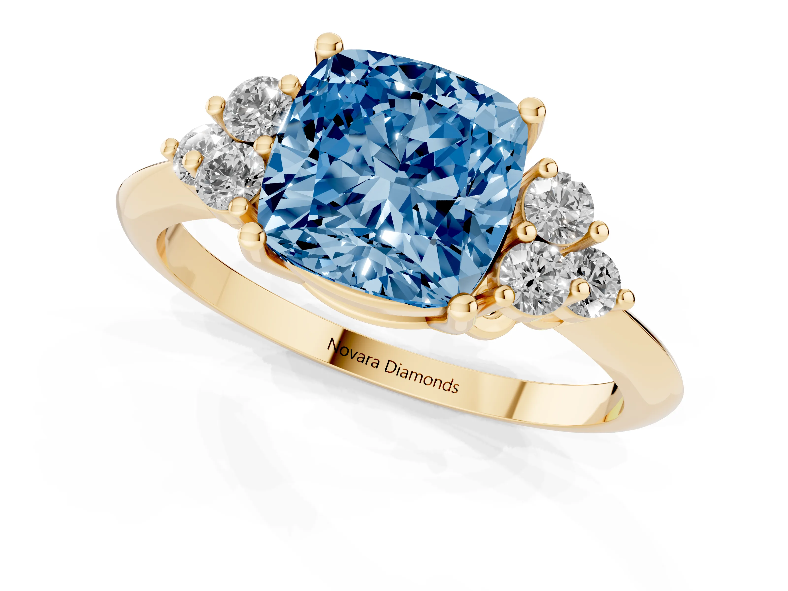 Fancy Blue Cushion Cut Diamond Cluster Ring Set in Yellow gold with Plain Band and Prong Setting