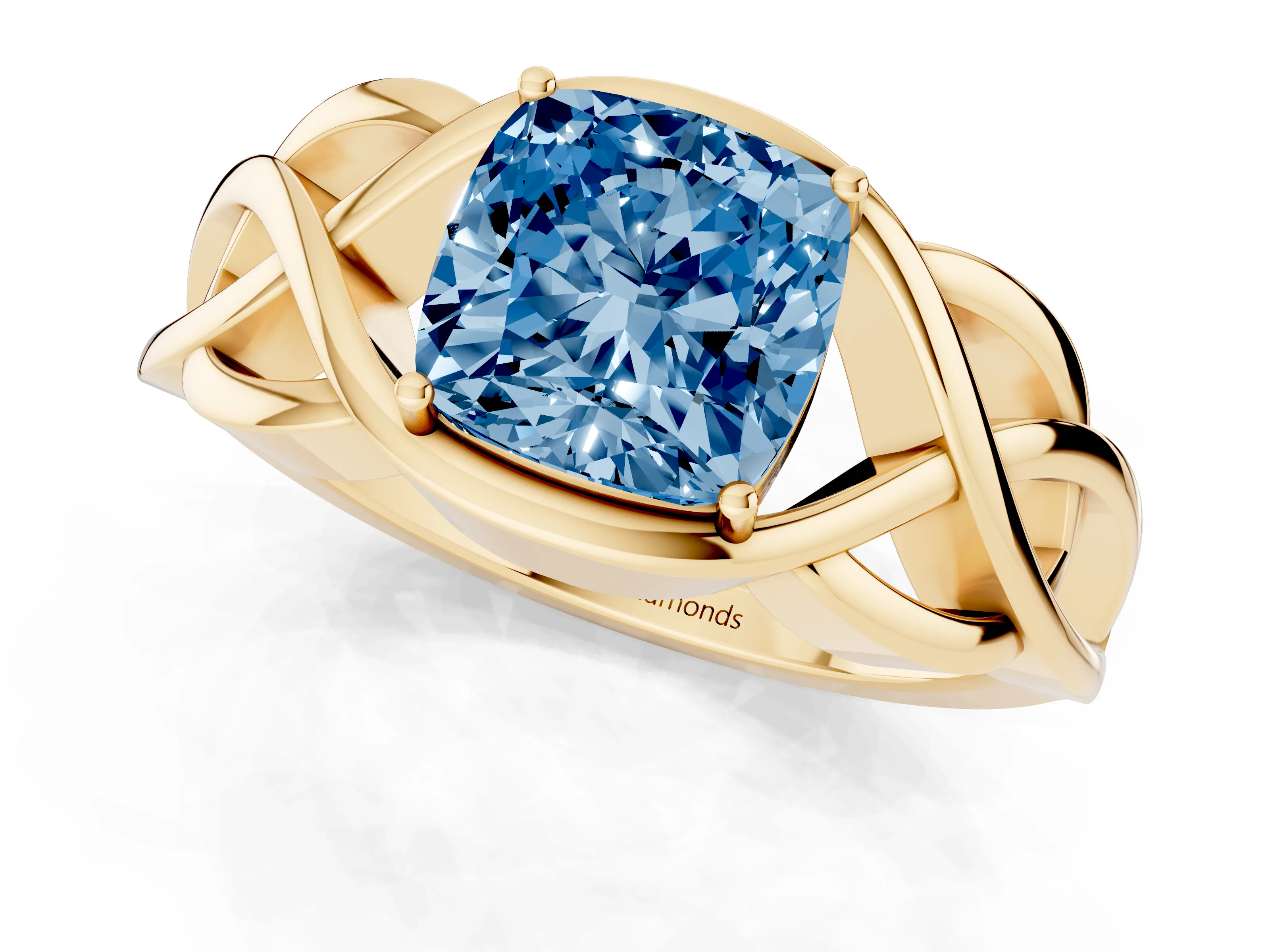 Fancy Blue Cushion Cut Diamond Solitaire Ring Set in Yellow gold with Intertwined Band