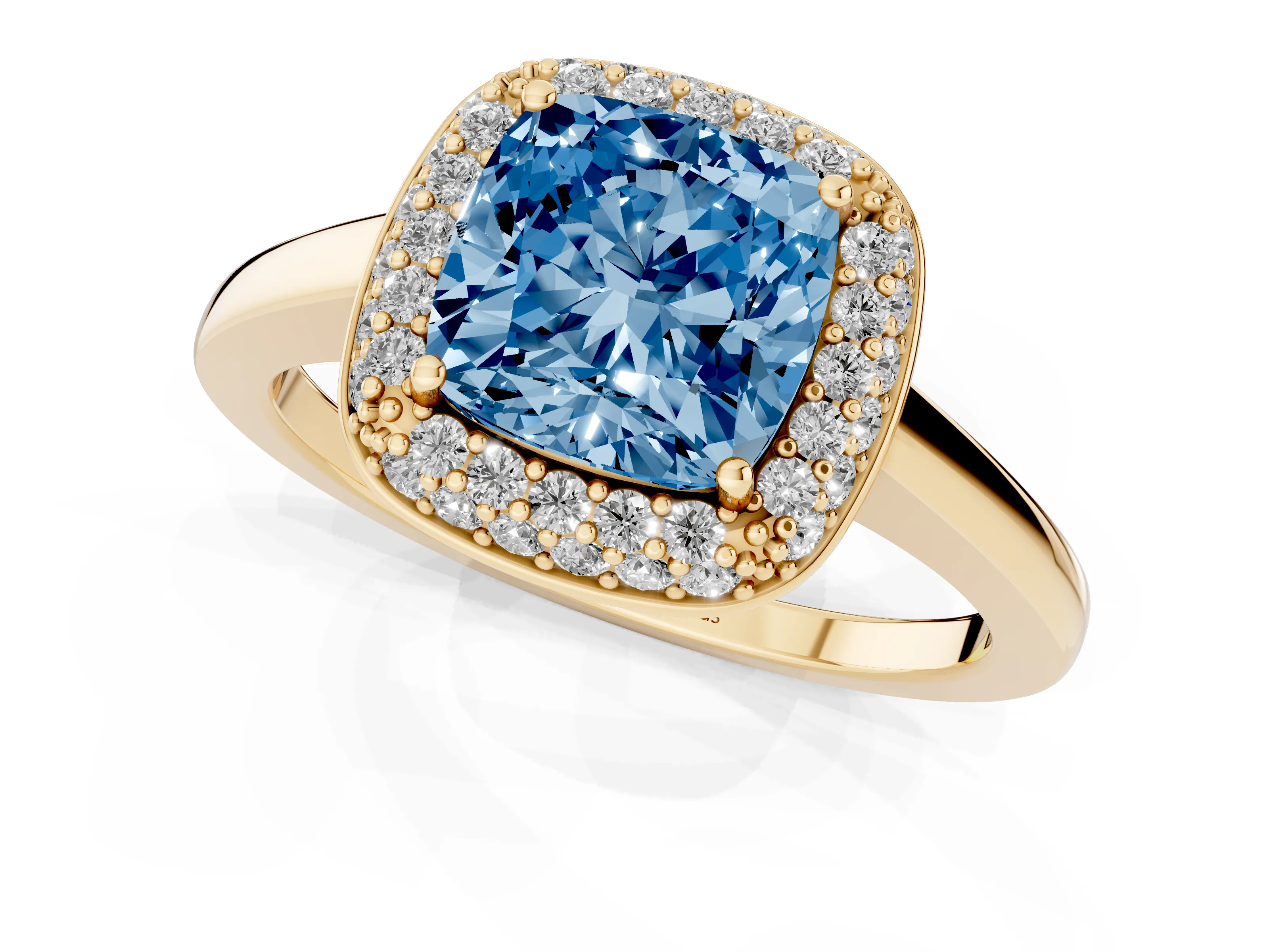 Fancy Blue Cushion Cut Diamond Halo Engagement Ring Set in Yellow gold with Solitaire Band and Prong Setting