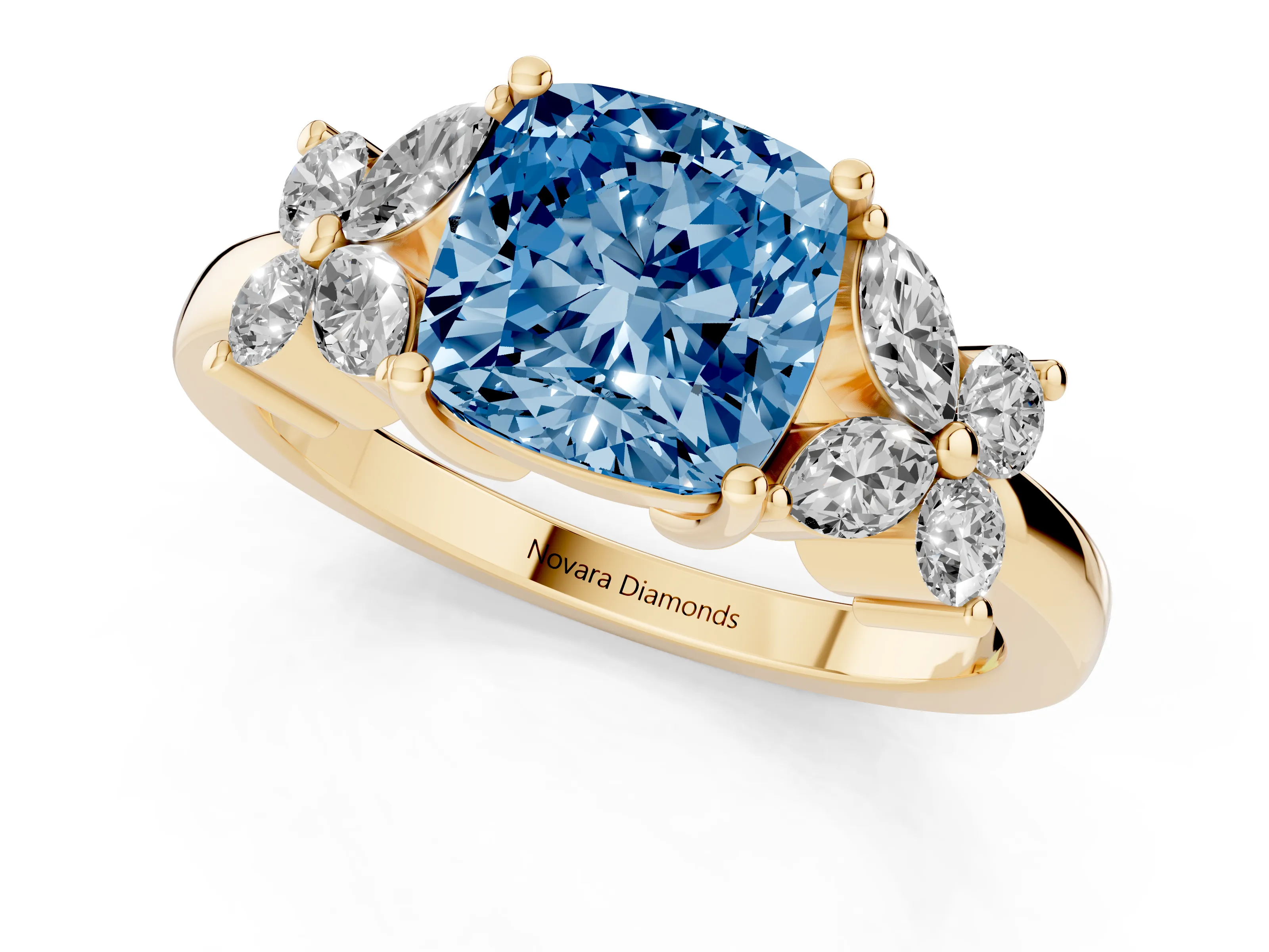Fancy Blue Cushion Cut Diamond Floral Cluster Ring Set in Yellow gold with Marquise Petals and Prong Setting