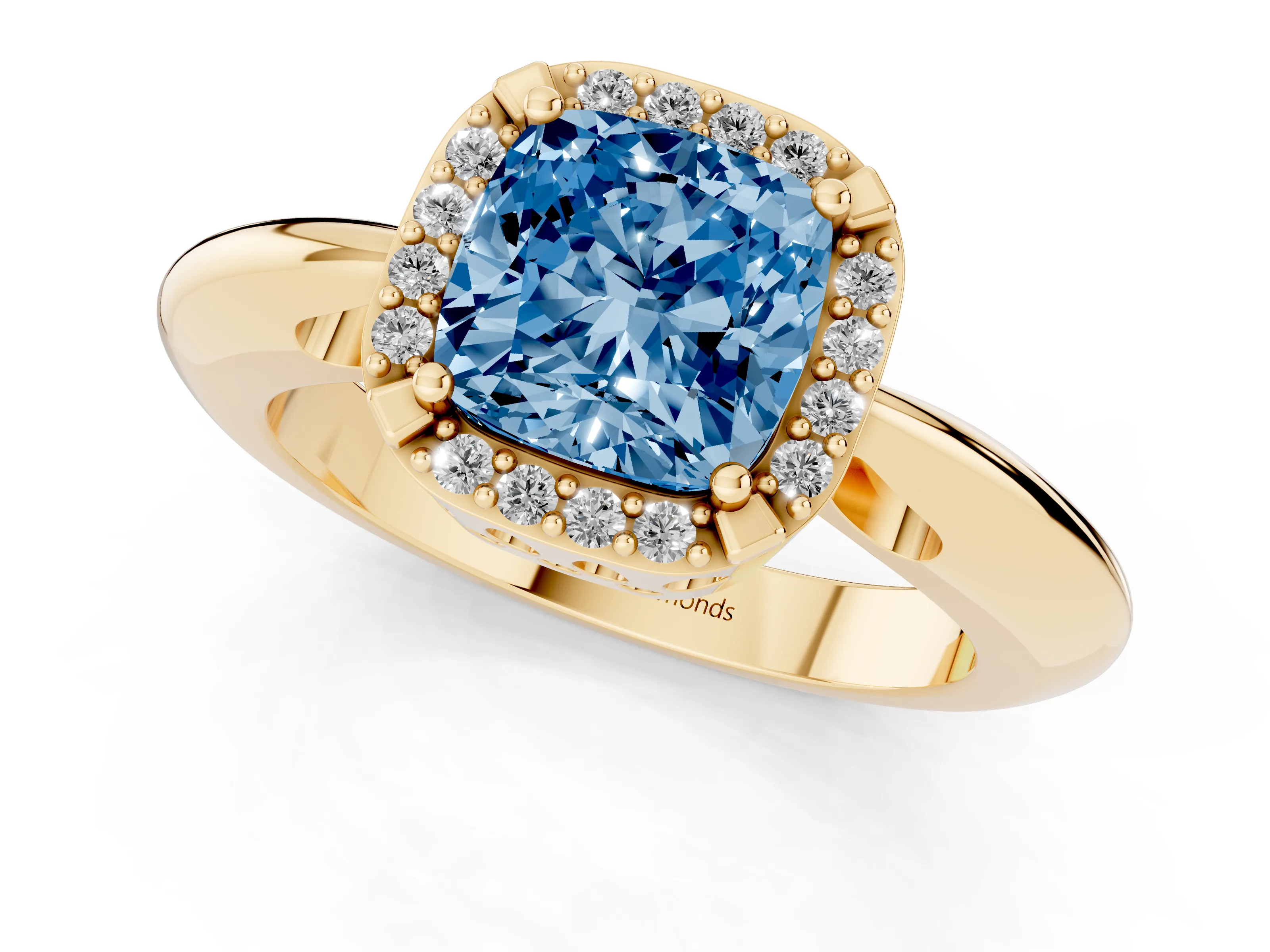 Fancy Blue Cushion Cut Diamond Halo Engagement Ring Set in Yellow gold with Plain Split Shank and Prong Setting