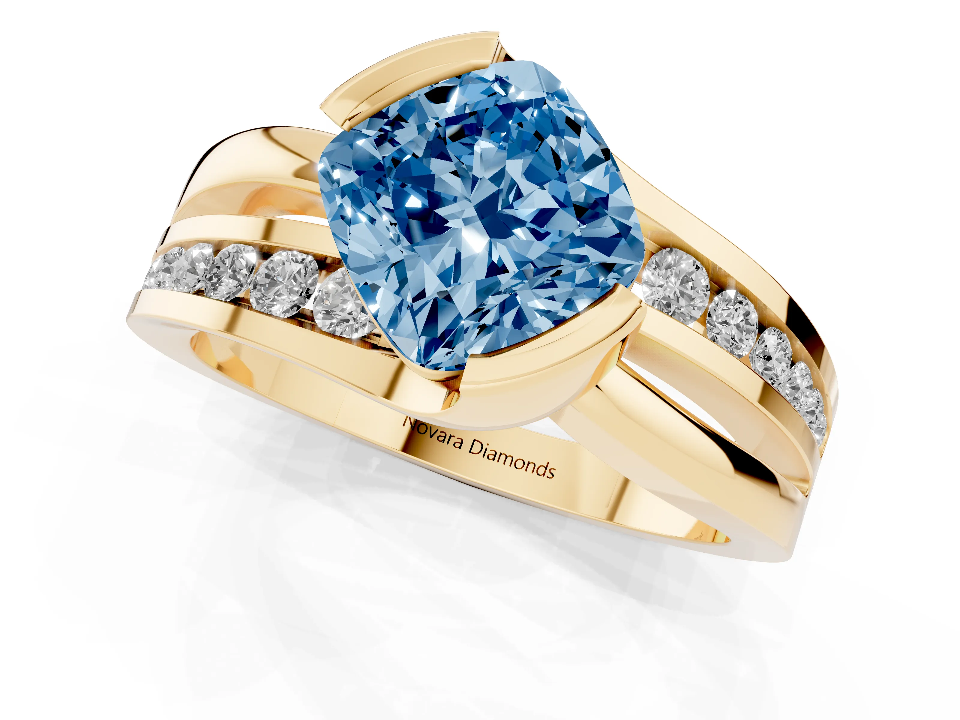 Fancy Blue Cushion Cut Diamond Solitaire Ring Set in Yellow gold with Channel Set Split Shank and Tension Prongs