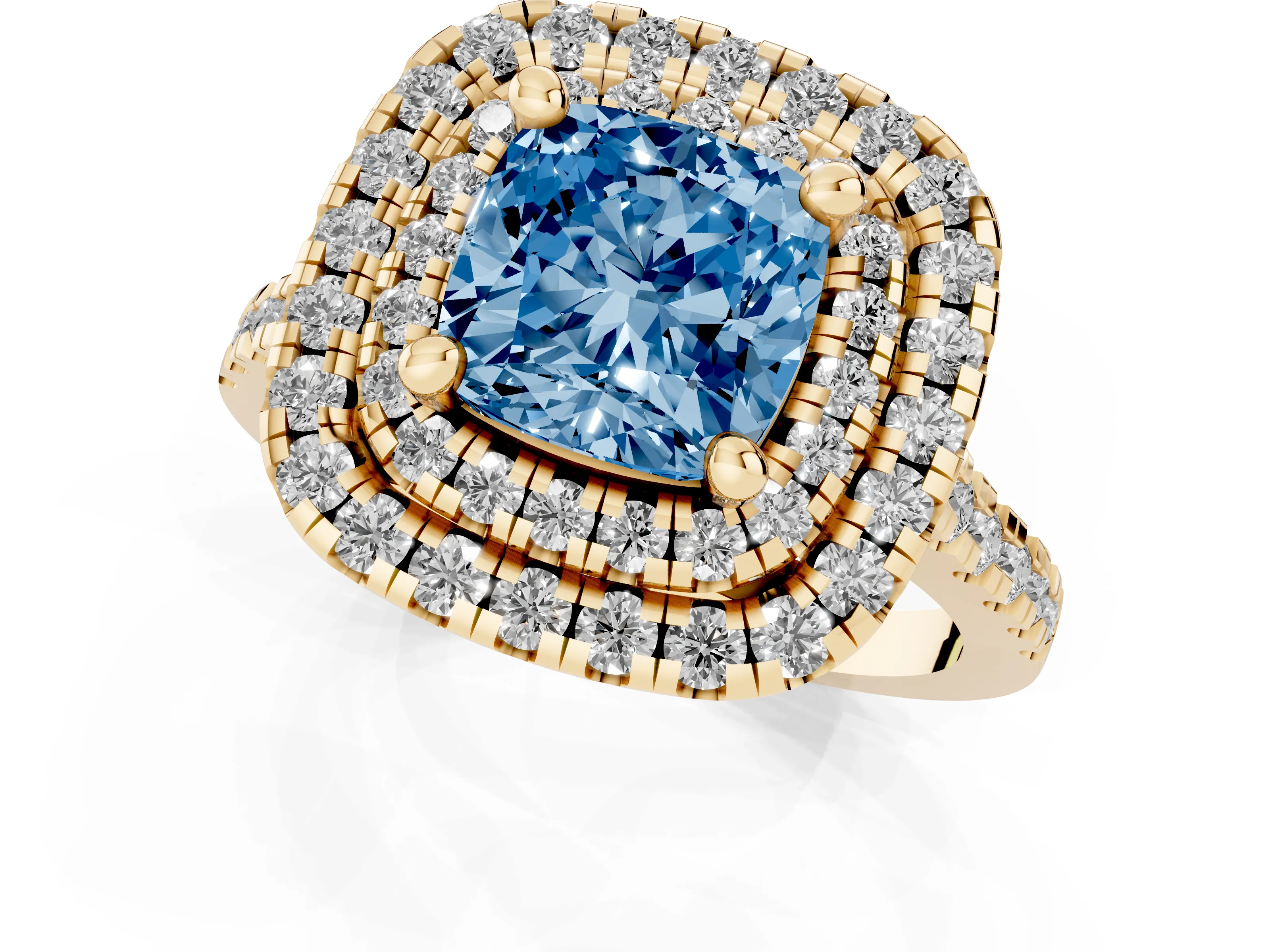Fancy Blue Cushion Cut Diamond Double Halo Statement Ring Set in Yellow gold with Pavé Band