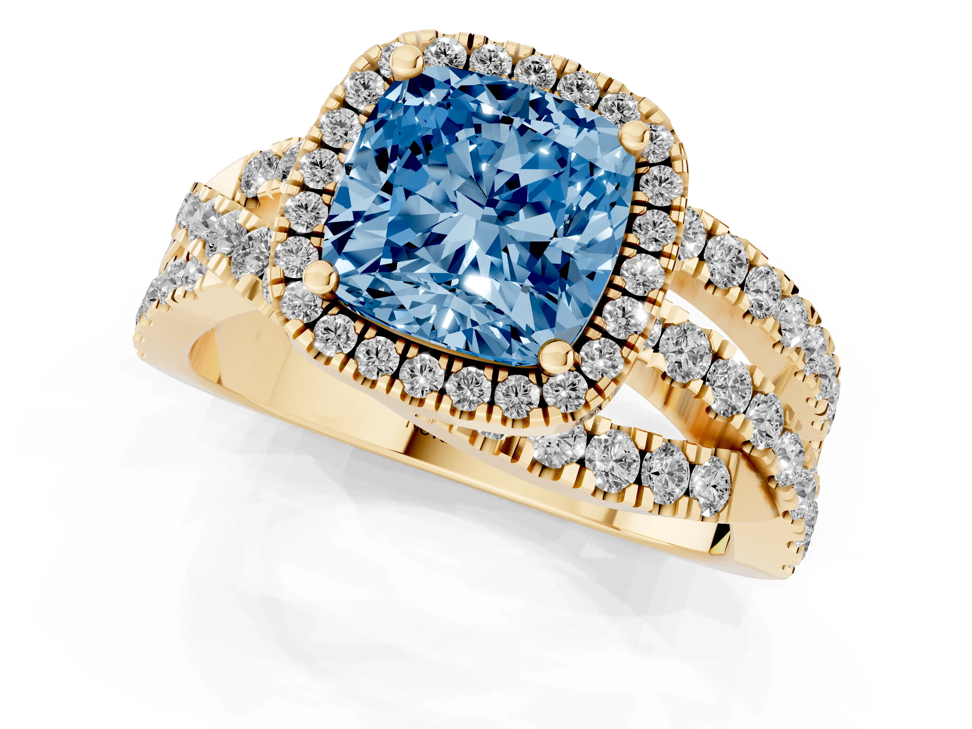 Fancy Blue Cushion Cut Diamond Halo Ring Set in Yellow gold with Round Crossover Split Shank and Prong Setting