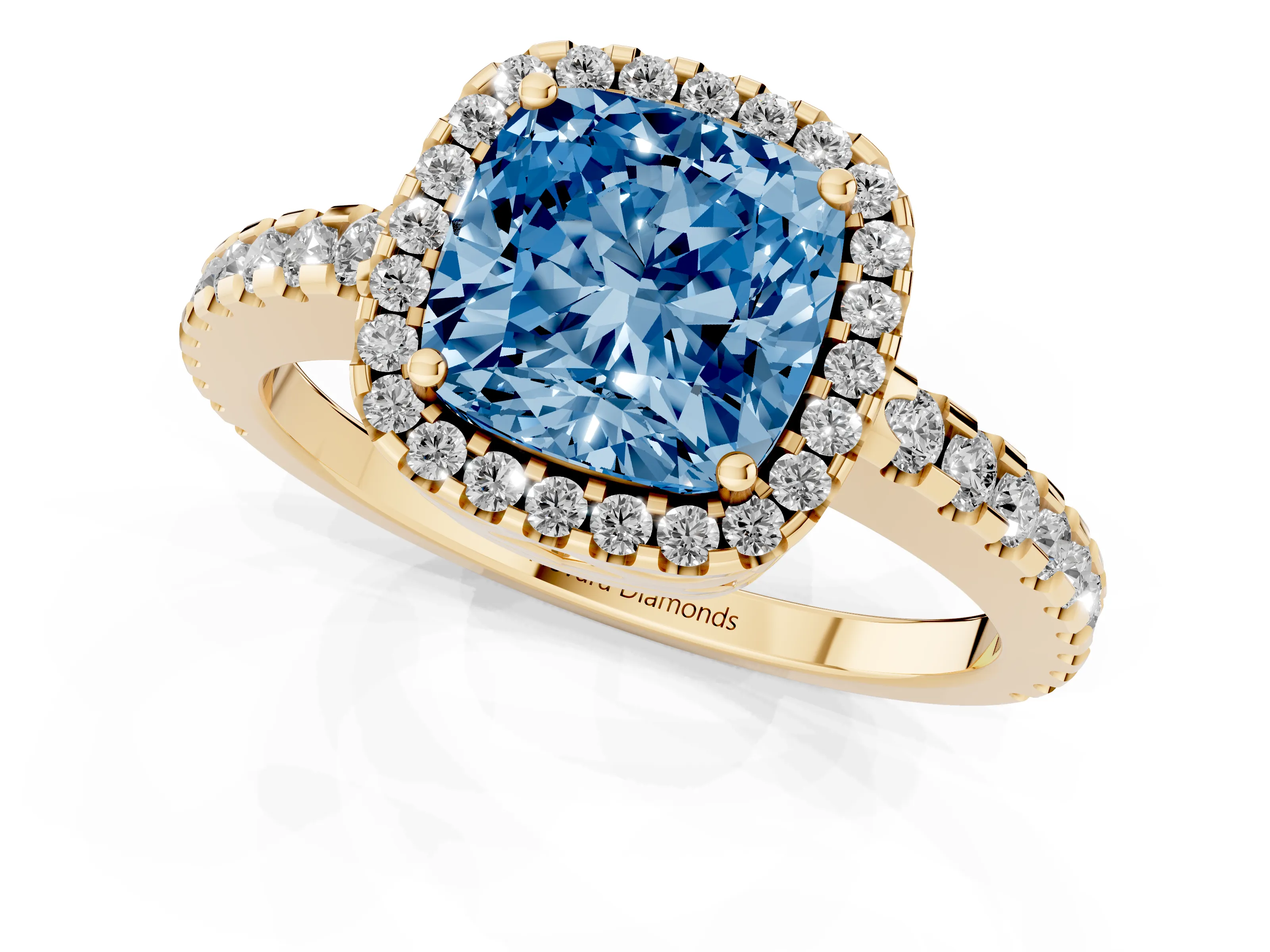 Fancy Blue Cushion Cut Diamond Halo Ring Set in Yellow gold with Pavé Shoulders and Halo-Framed Center