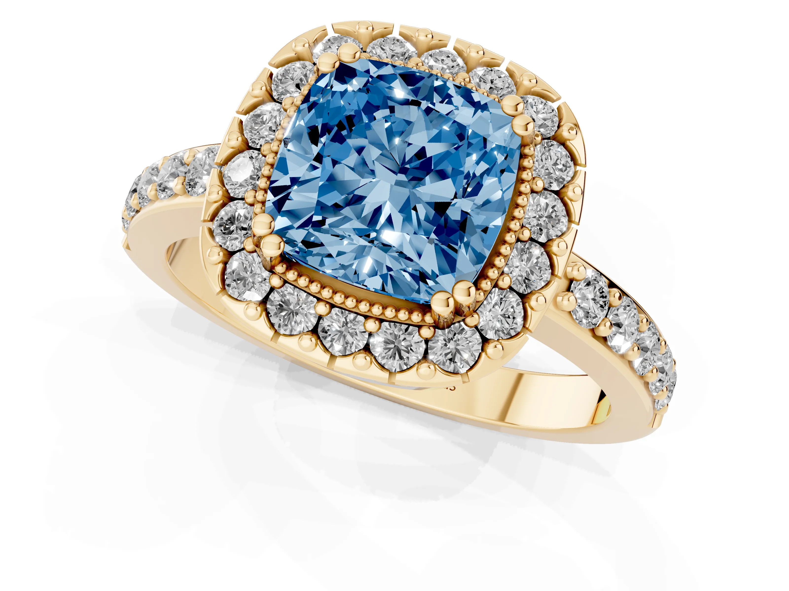 Fancy Blue Cushion Cut Diamond Halo Ring Set in Yellow gold with Pavé Shank and Prong Setting