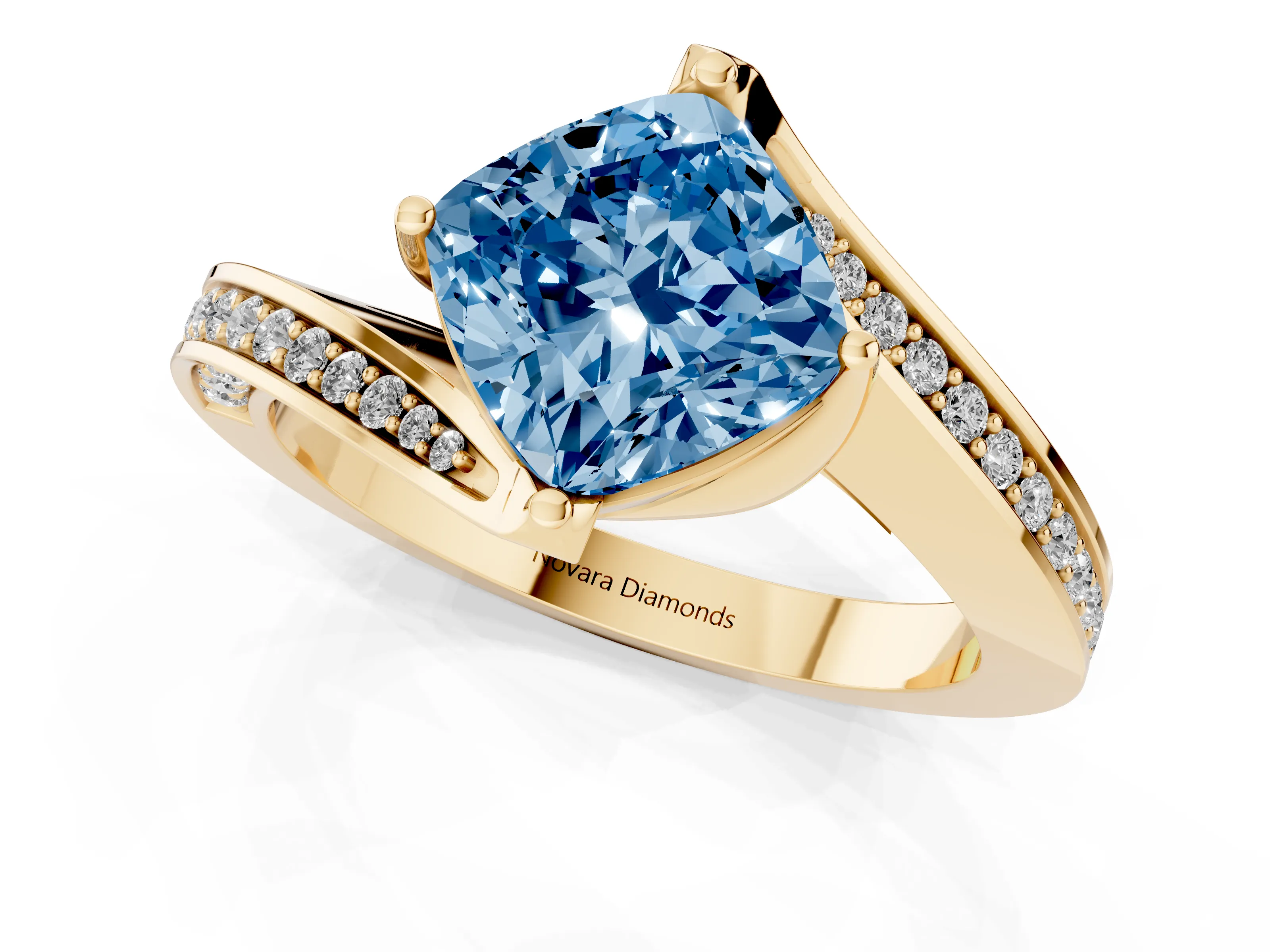 Fancy Blue Cushion Cut Diamond Solitaire Ring Set in Yellow gold with Intertwined Pavé Twist Band