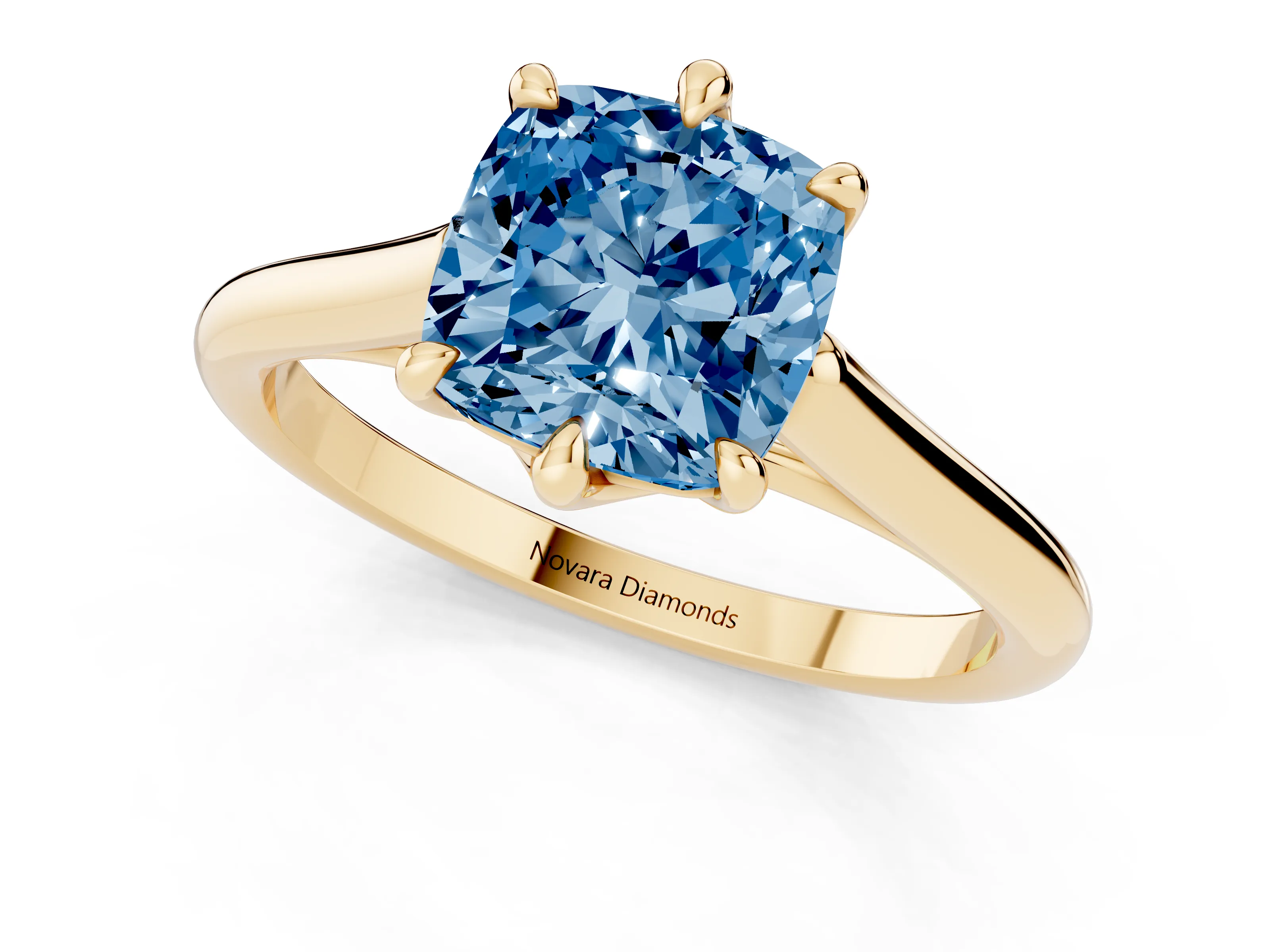 Fancy Blue Cushion Cut Diamond Solitaire Engagement Ring Set in Yellow gold with Prong Setting and Plain Classic Band