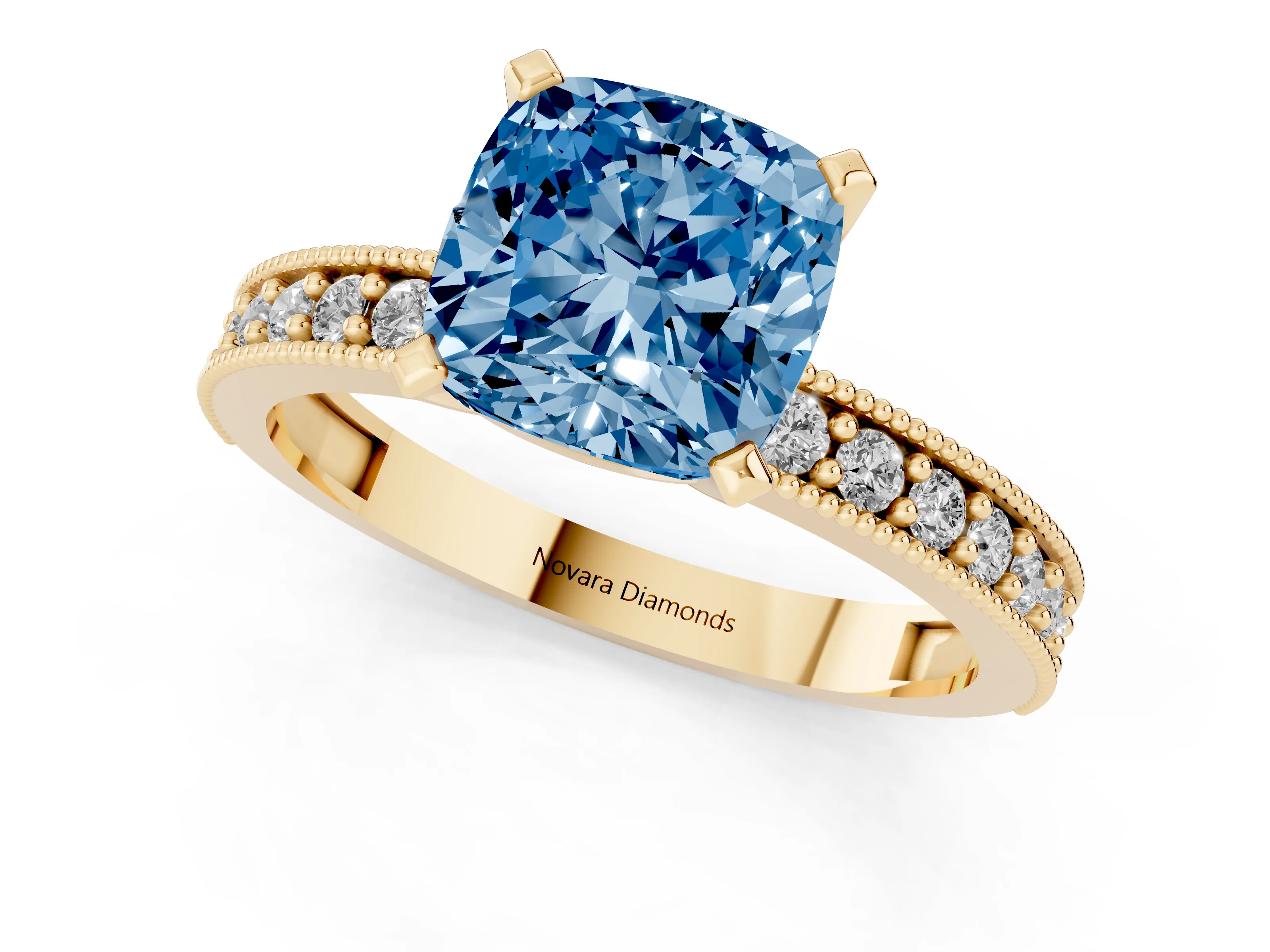 Fancy Blue Cushion Cut Diamond Milgrain Pavé Engagement Ring Set in Yellow gold with Prong Setting