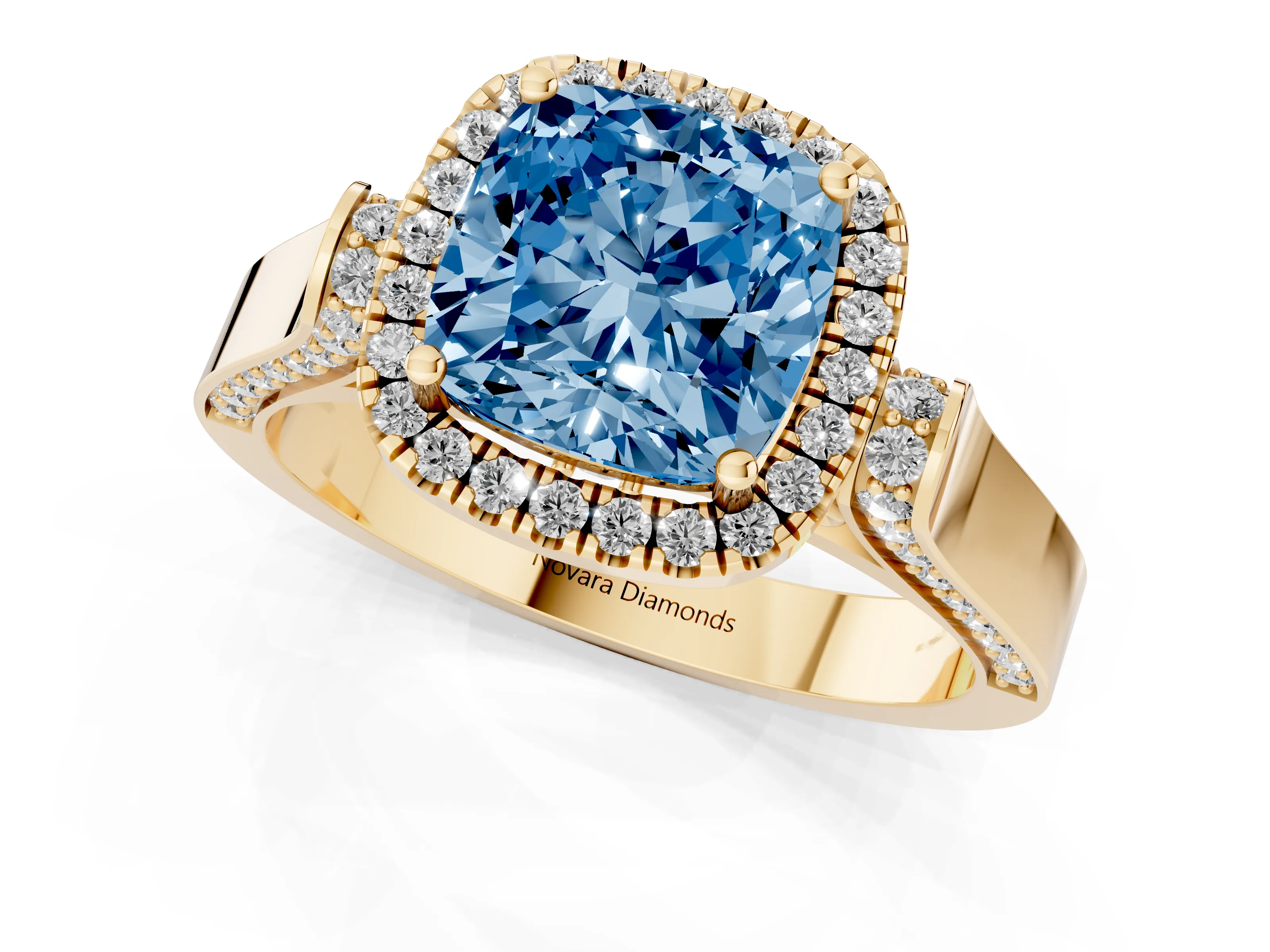 Fancy Blue Cushion Cut Diamond Halo Ring Set in Yellow gold with Pavé-Lined Split Shank Band