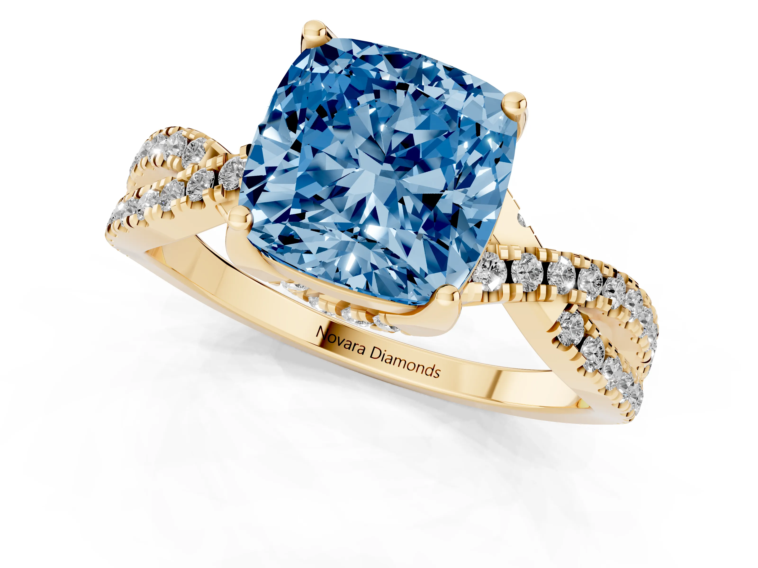 Fancy Blue Cushion Cut Diamond Twist Pavé Solitaire Engagement Ring Set in Yellow gold with Prong Setting