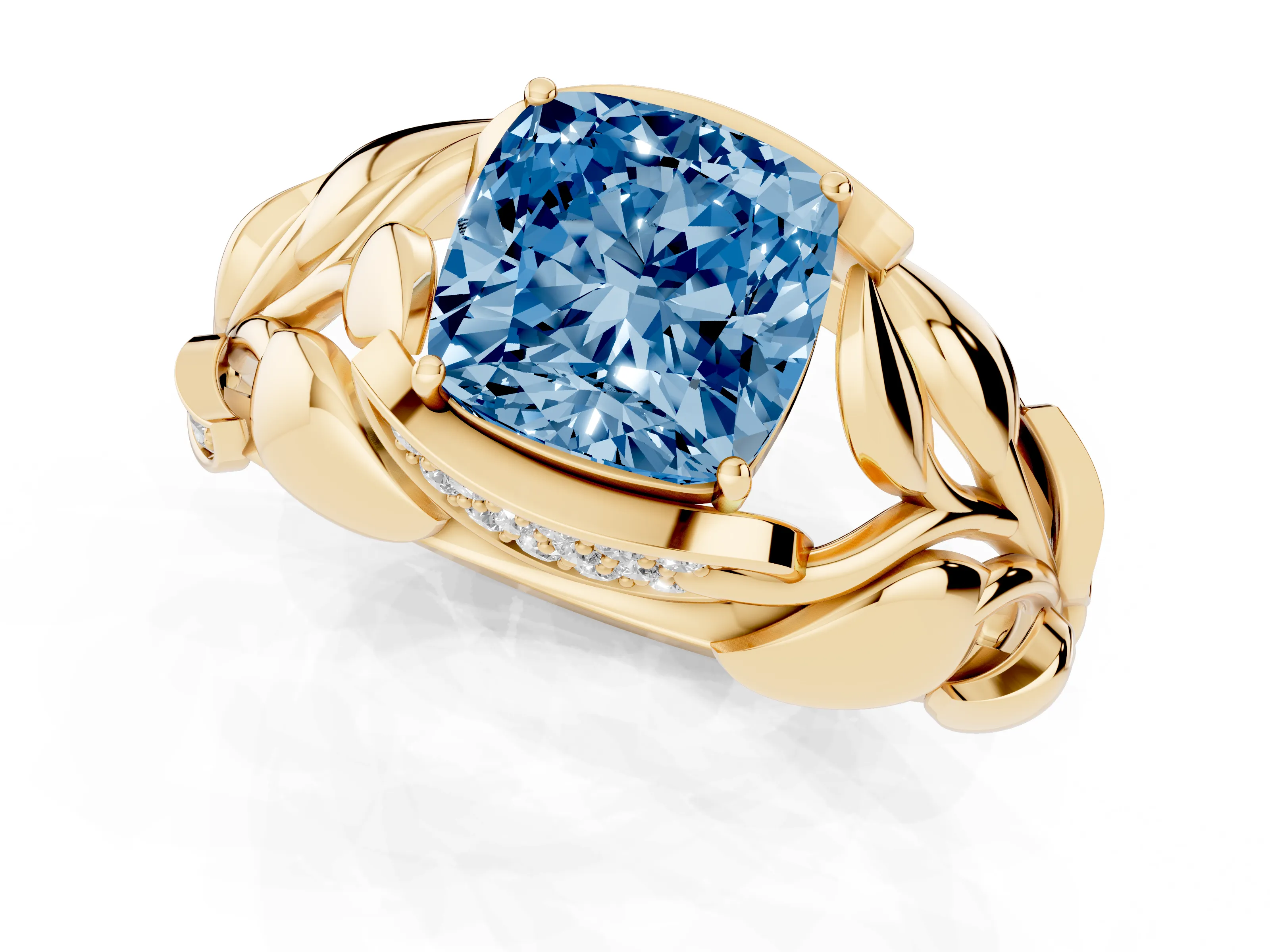 Fancy Blue Cushion Cut Diamond Leaf-Inspired Engagement Ring Set in Yellow gold with Round Accents