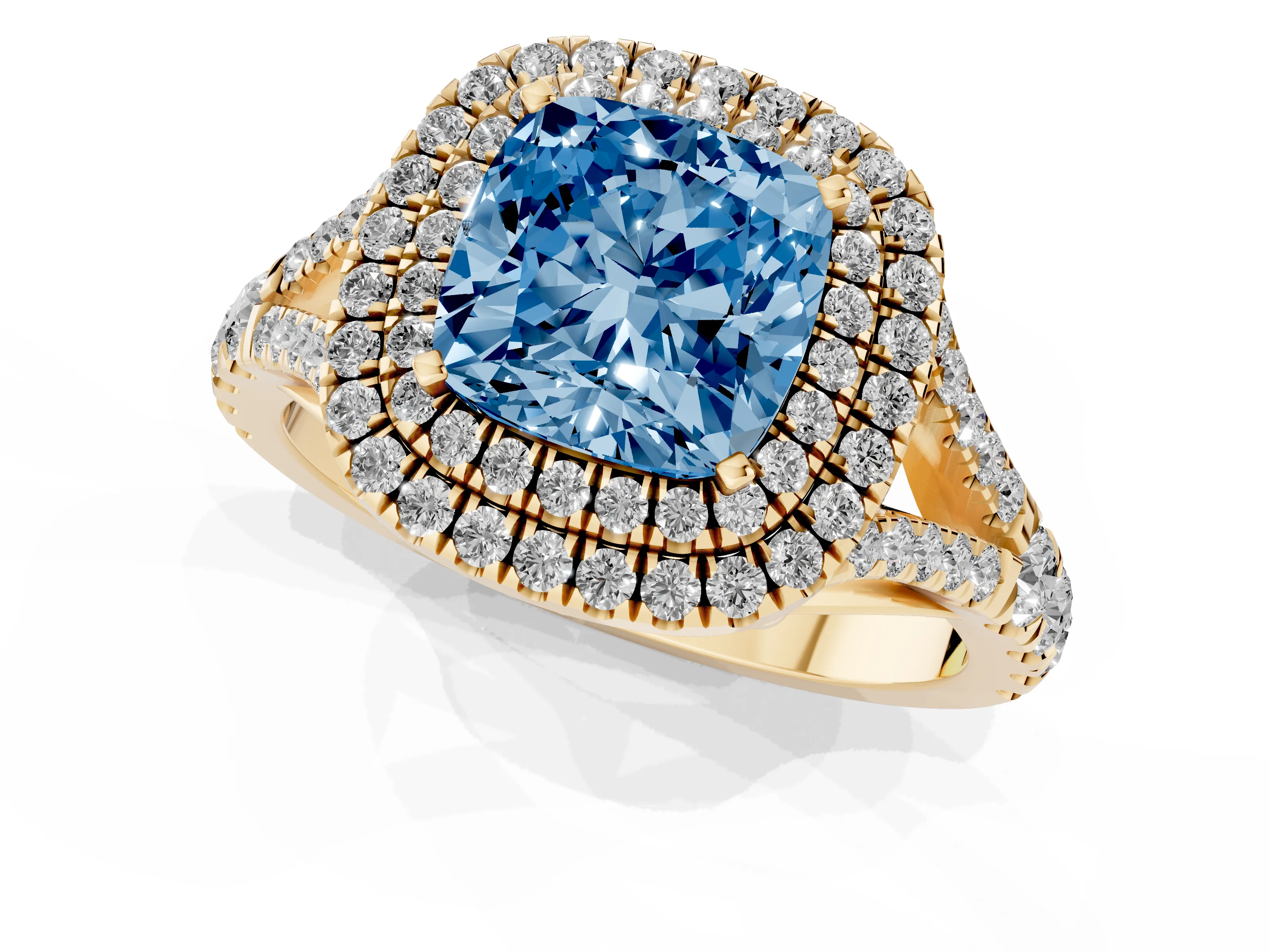 Fancy Blue Cushion Cut Diamond Pavé Split Shank Double Halo Engagement Ring Set in Yellow gold