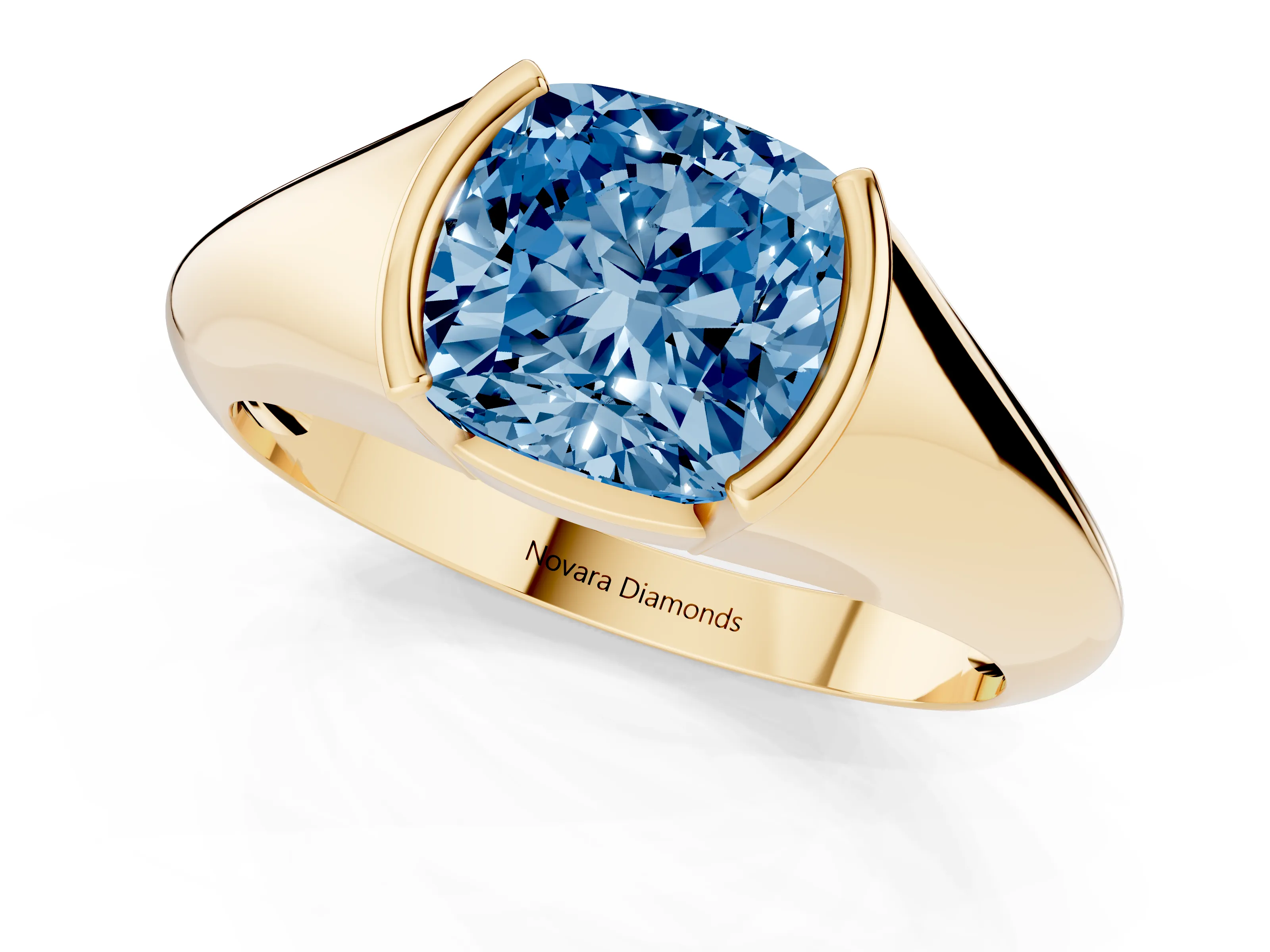 Fancy Blue Cushion Cut Diamond Solitaire Tension Set Ring Set in Yellow gold