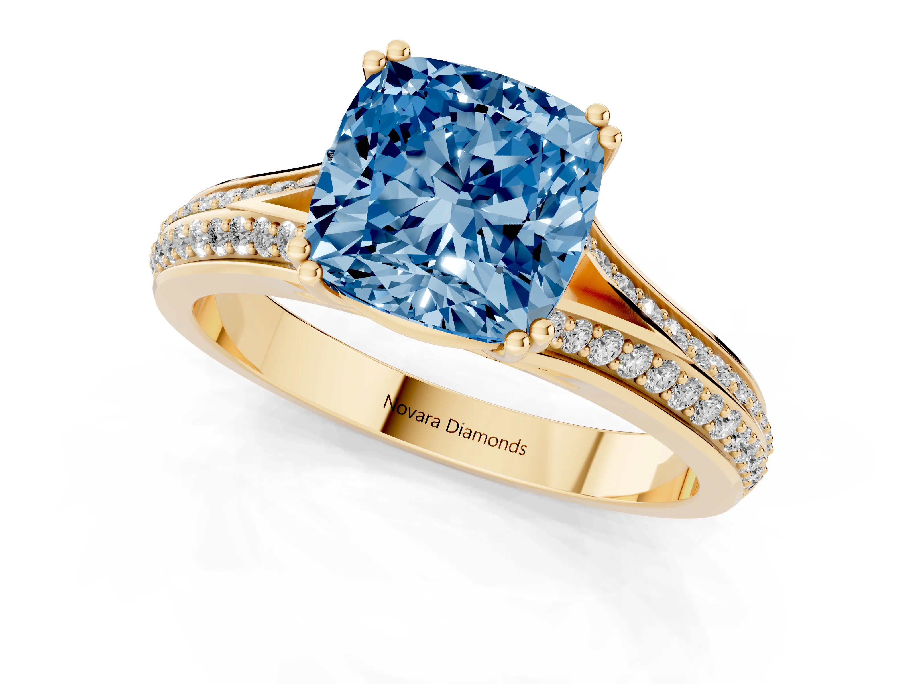 Fancy Blue Cushion Cut Diamond Split Shank Pavé Engagement Ring Set in Yellow gold with Prong-Set Center Stone