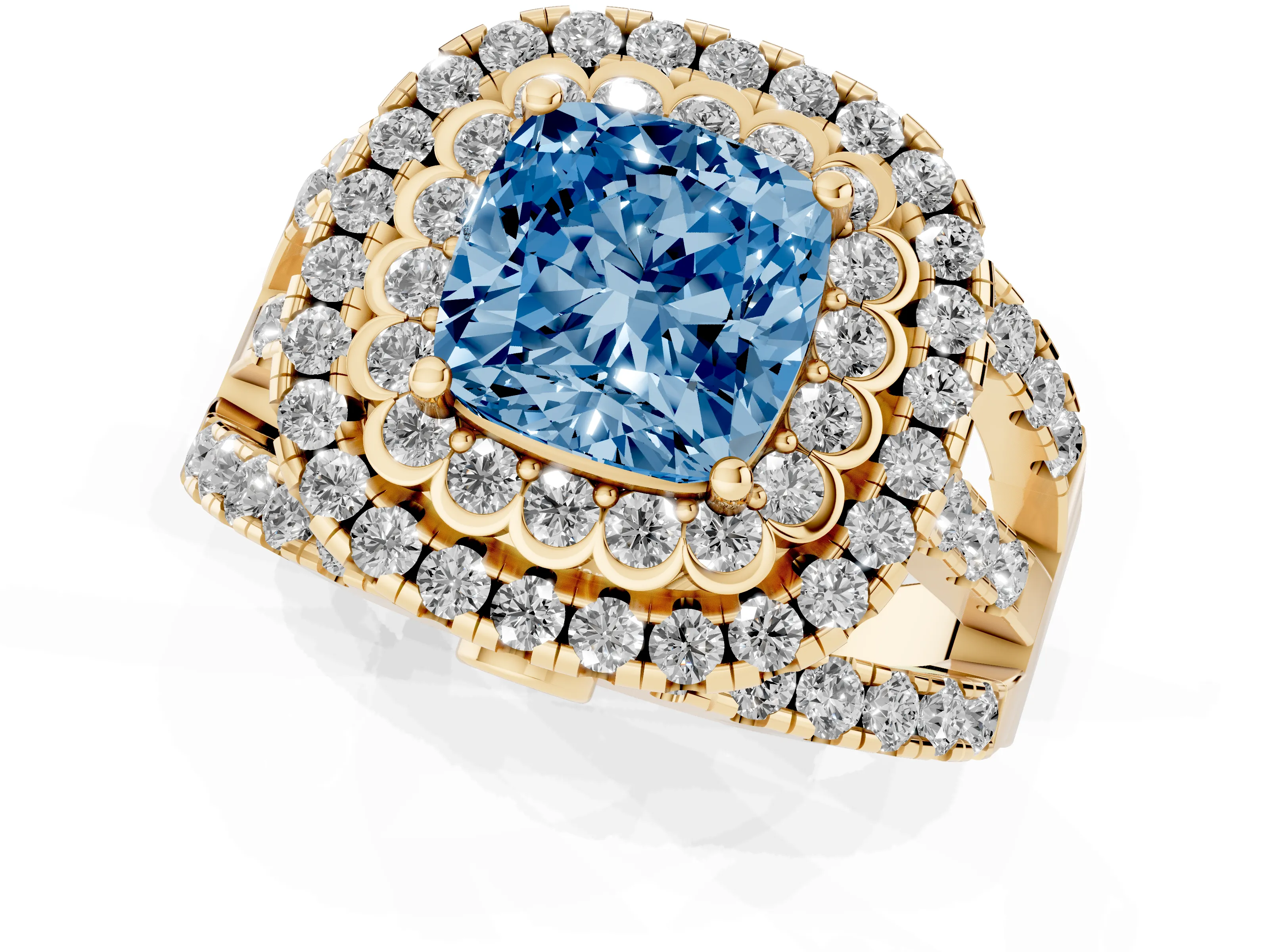 Fancy Blue Cushion Cut Diamond Double Halo Ring Set in Yellow gold with Round Pavé Split Shank – second view