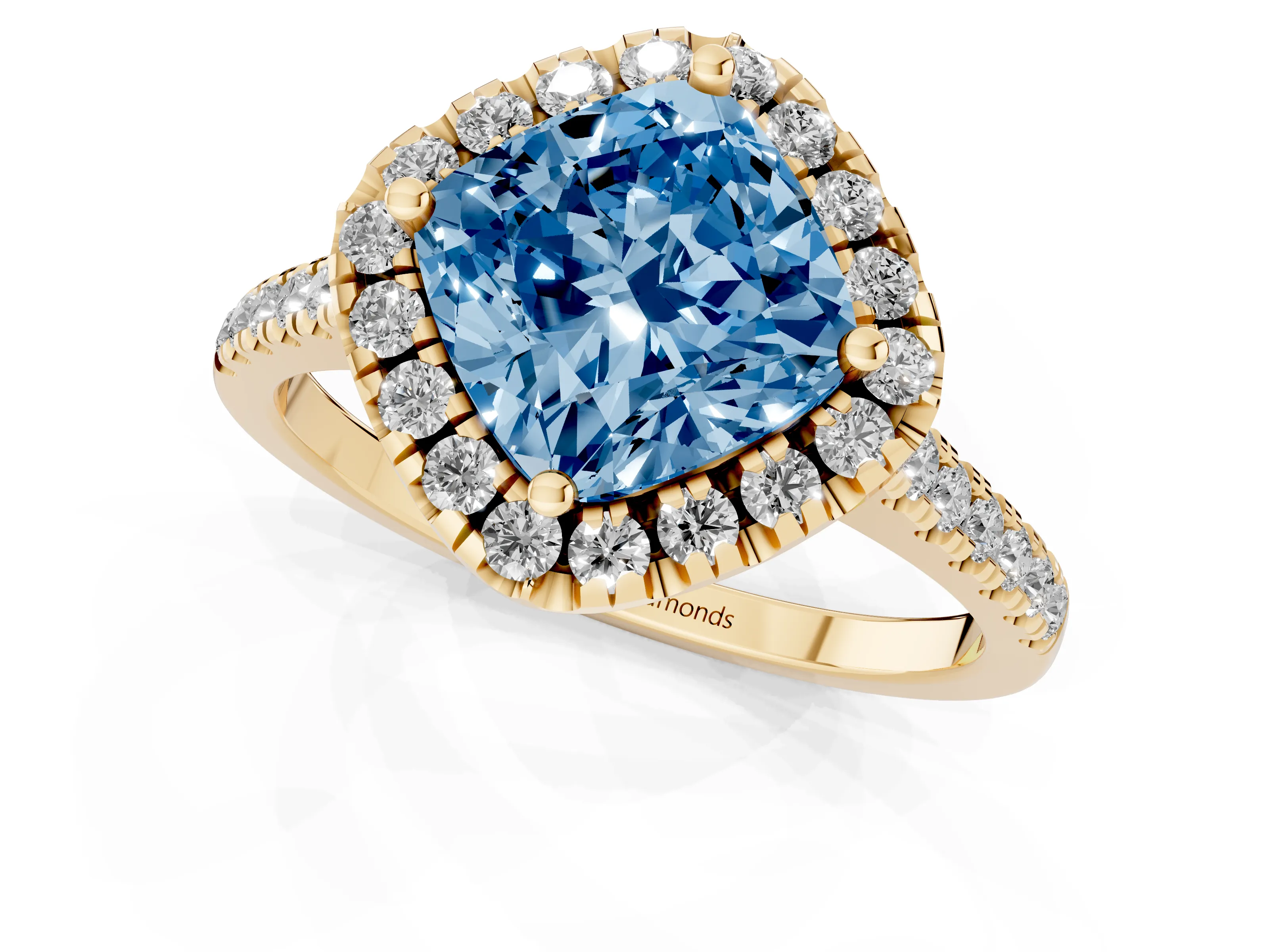 Fancy Blue Cushion Cut Diamond Cushion Halo Ring Set in Yellow gold with Pavé Band