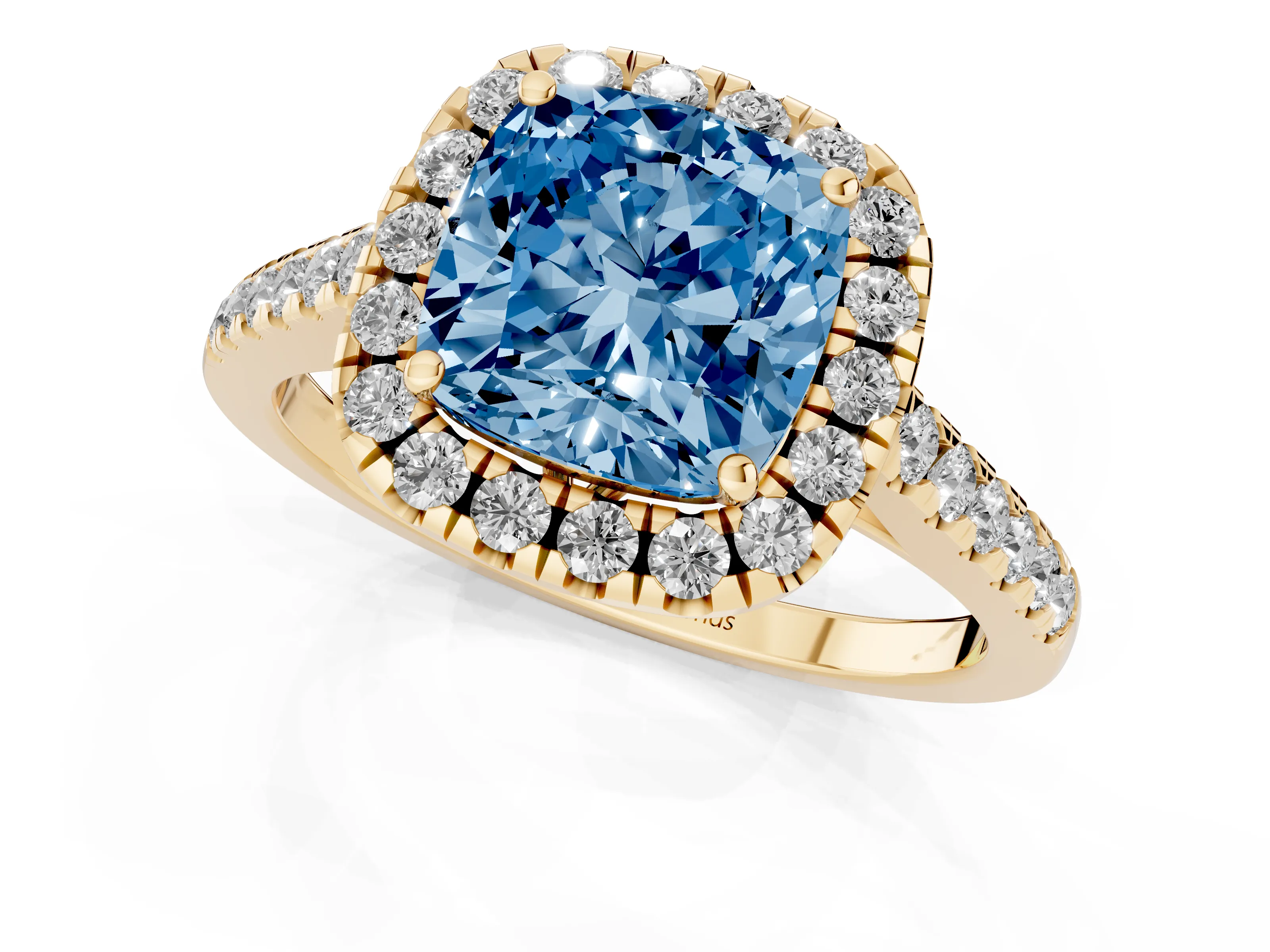 Fancy Blue Cushion Cut Diamond Pavé Halo Engagement Ring Set in Yellow gold with Pavé Band and Prong Setting